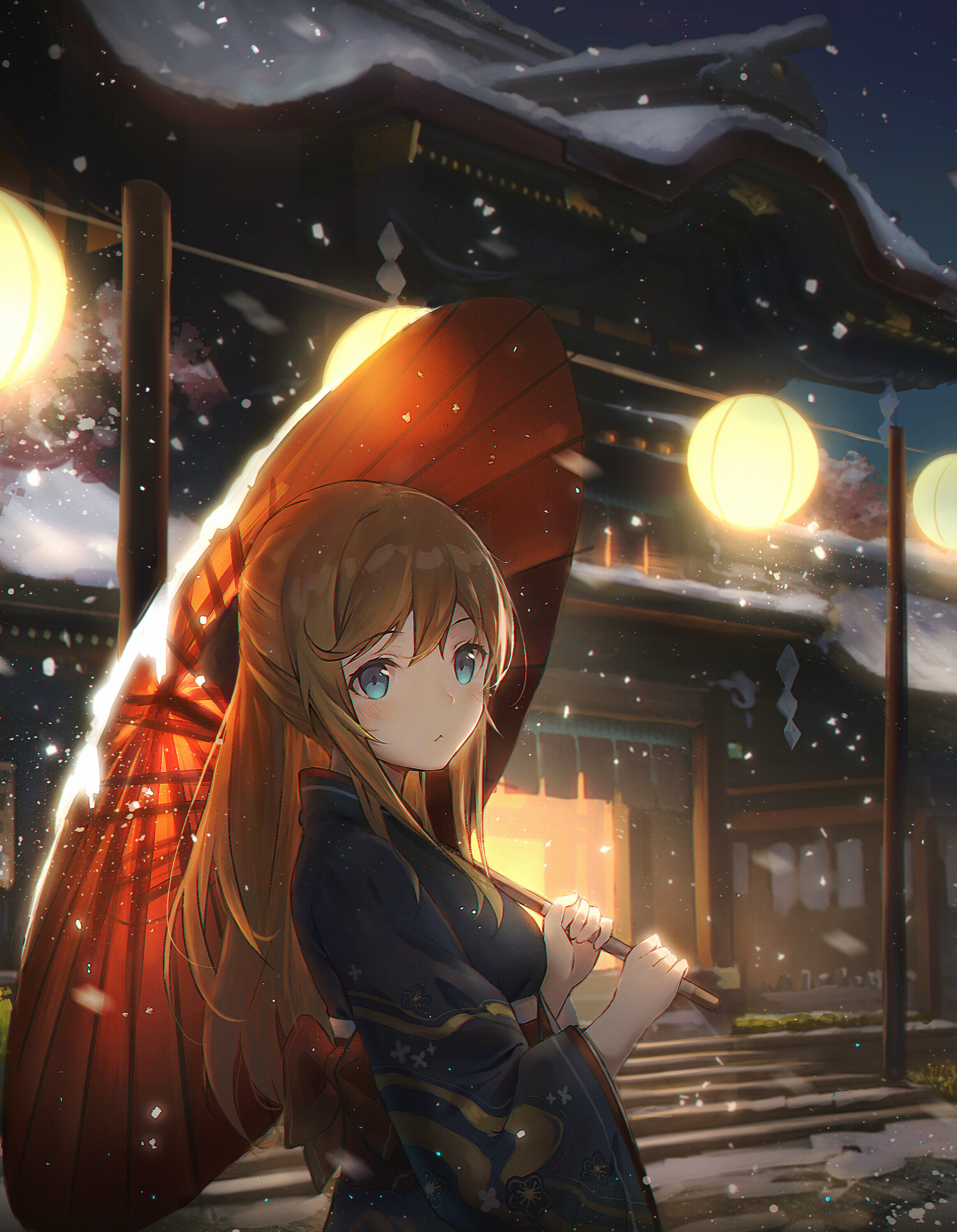 Anime girl in kimono with umbrella in snow HD Phone Wallpaper
