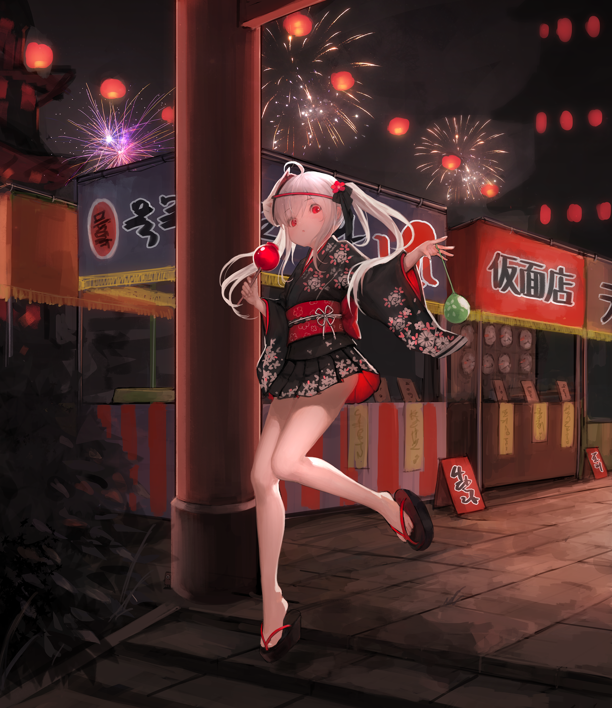 Anime girl in yukata playing yo-yo at fireworks festival HD Phone Wallpaper