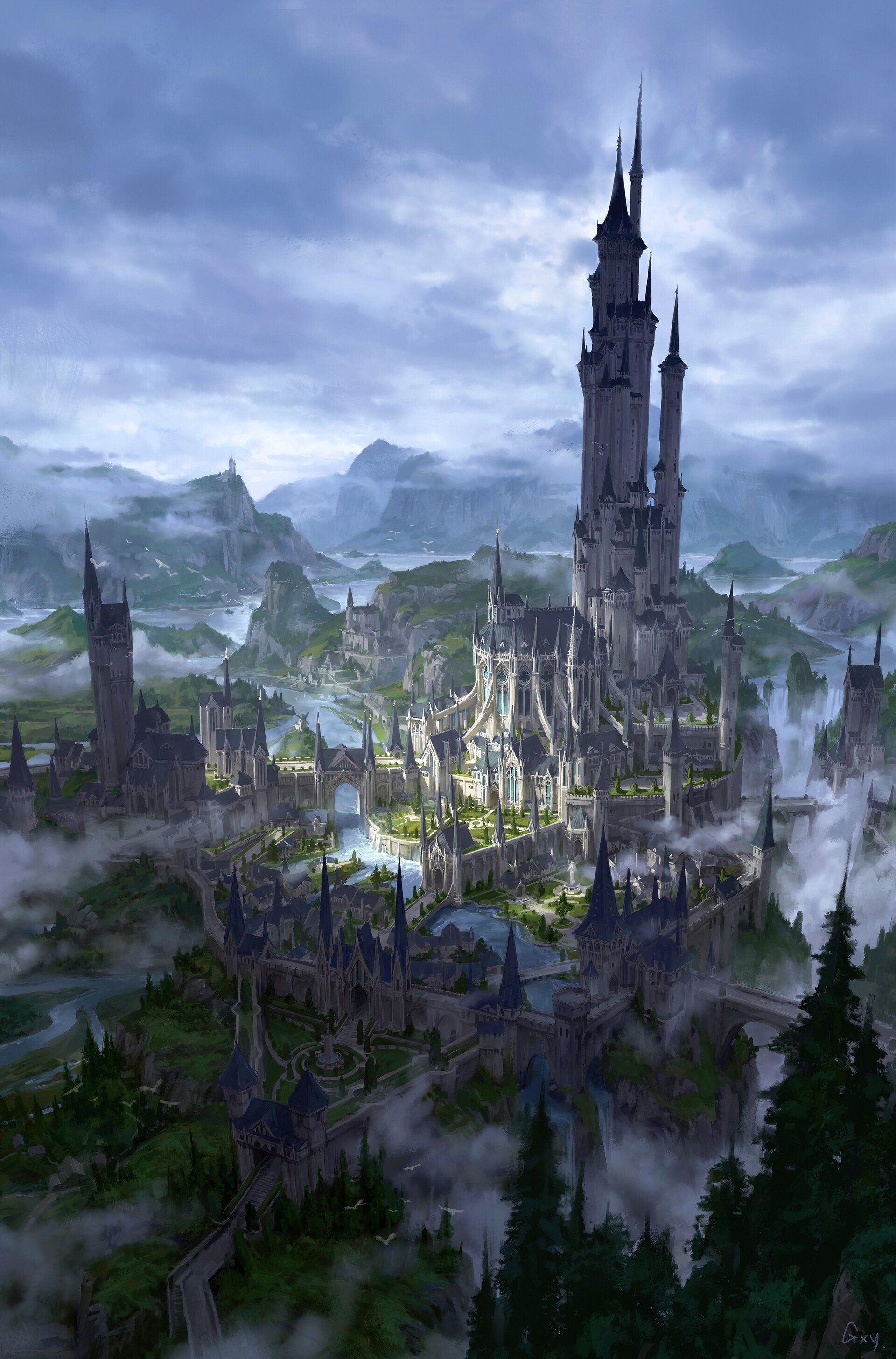 Digital art of a fantasy castle in mountains HD Phone Wallpaper