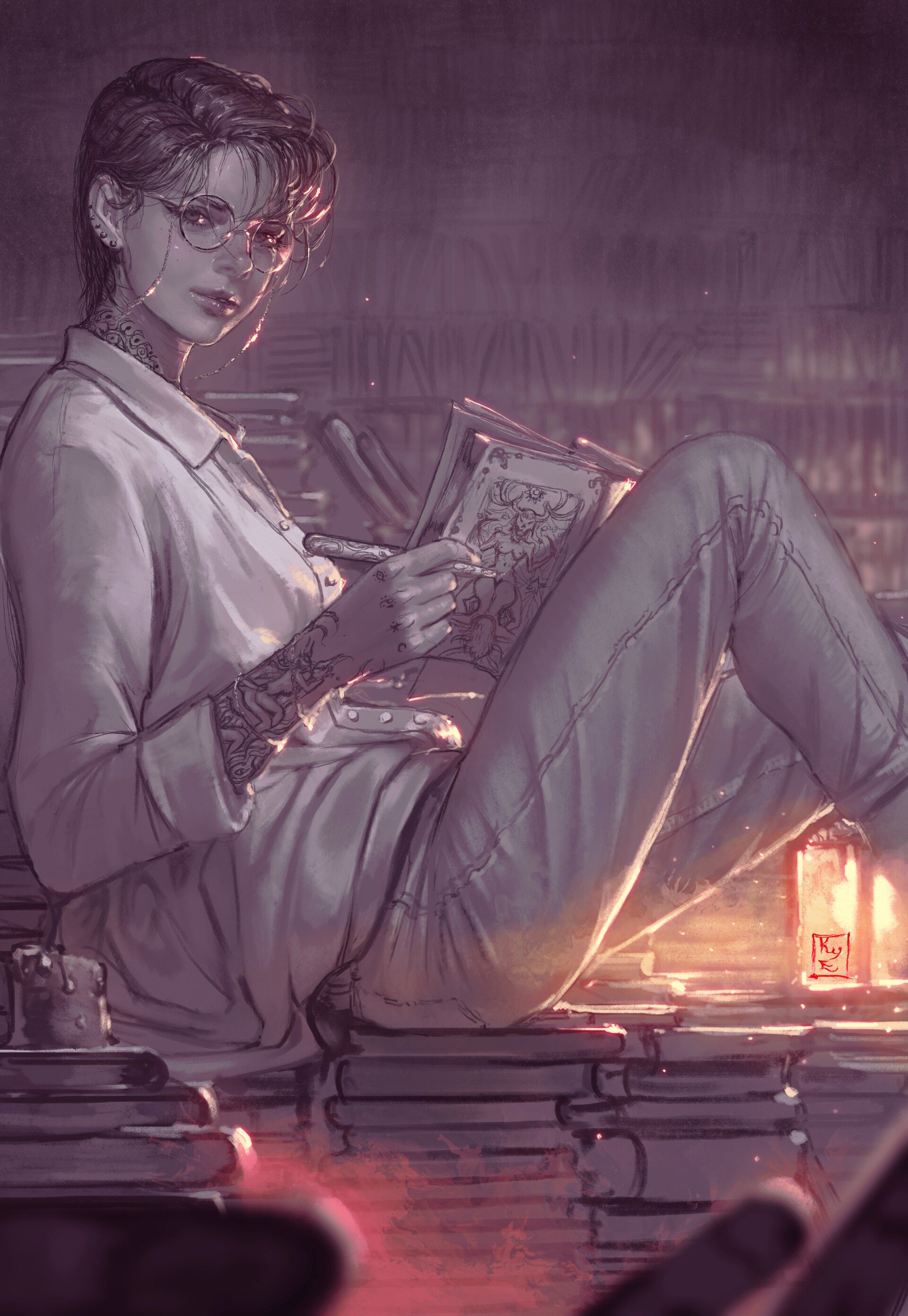 Woman with tattoos reading a book in a library HD Phone Wallpaper