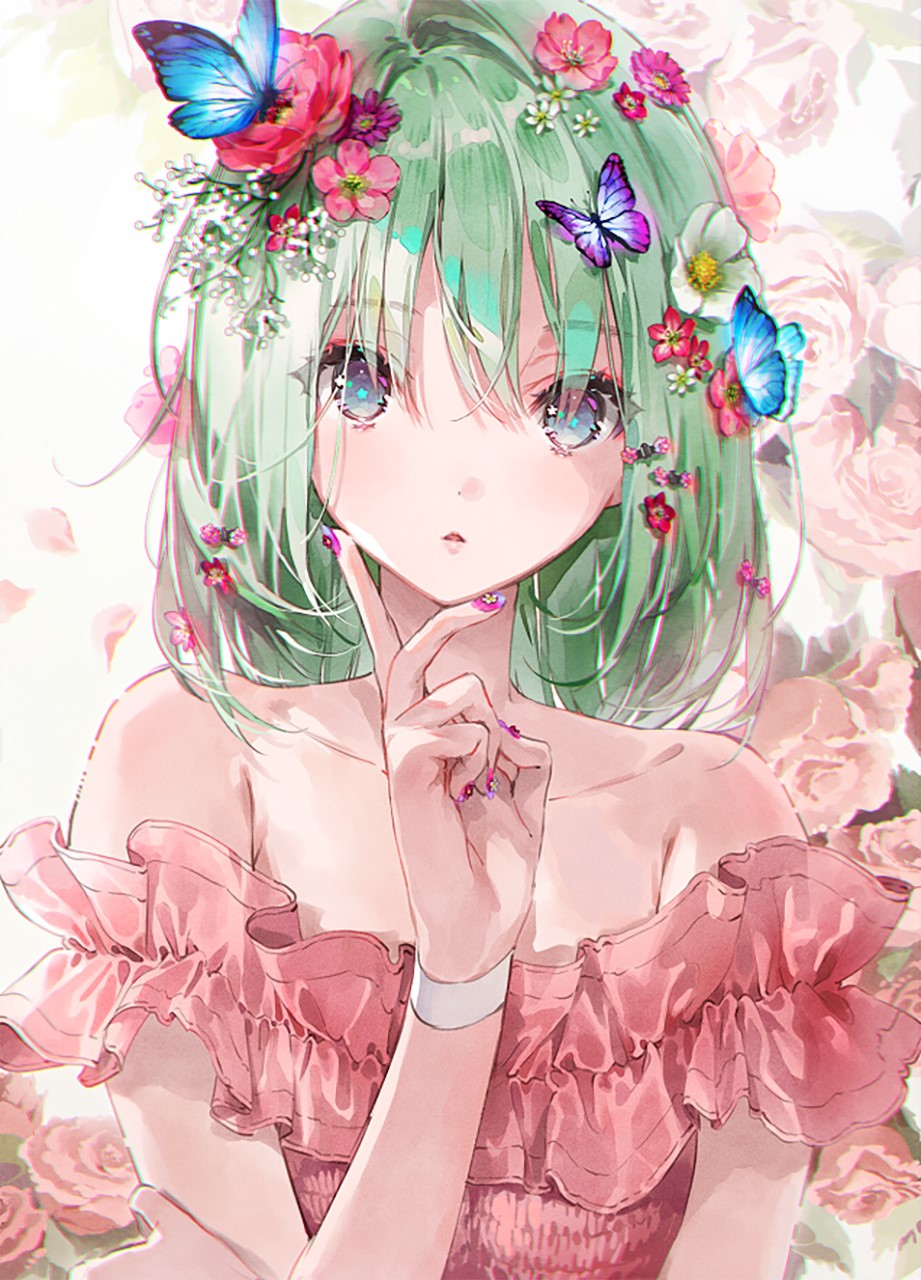 Anime girl with green hair and flowers in hair HD Phone Wallpaper