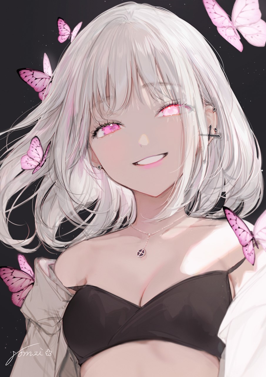 Anime girl with silver hair and pink eyes surrounded by butterflies HD Phone Wallpaper