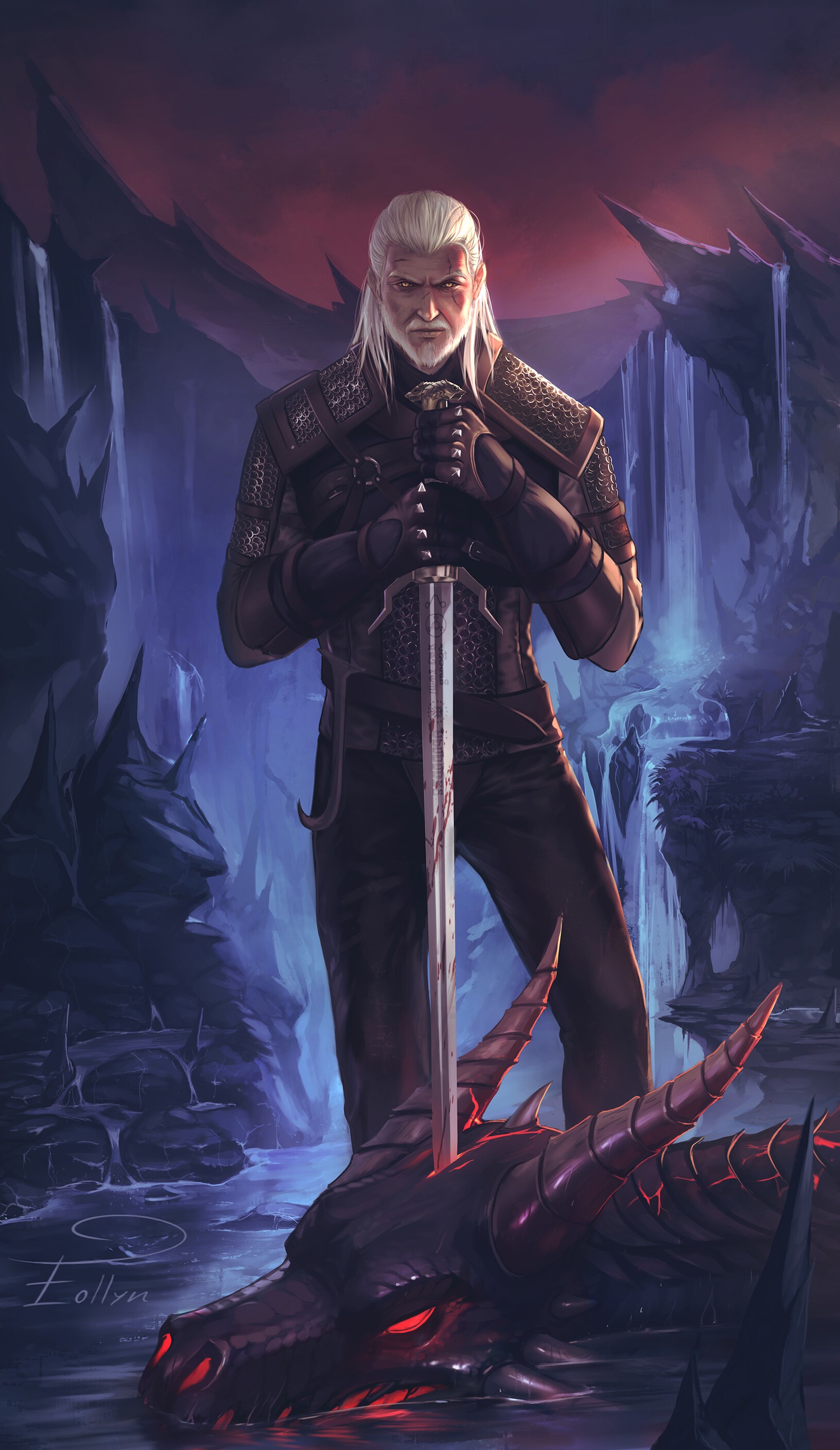 Geralt of Rivia from The Witcher with a slain dragon HD Phone Wallpaper