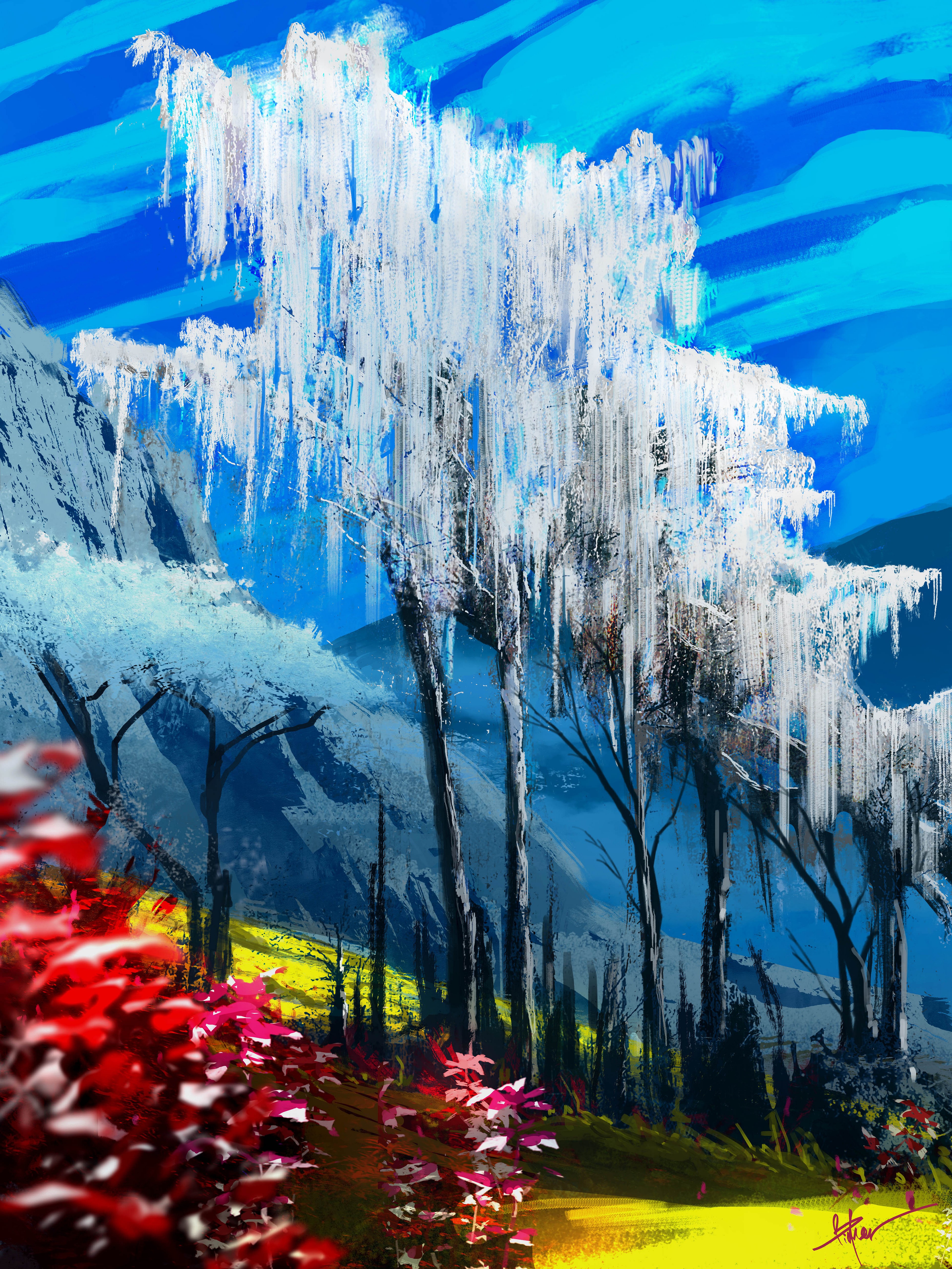 Digital painting of a winter landscape with trees HD Phone Wallpaper