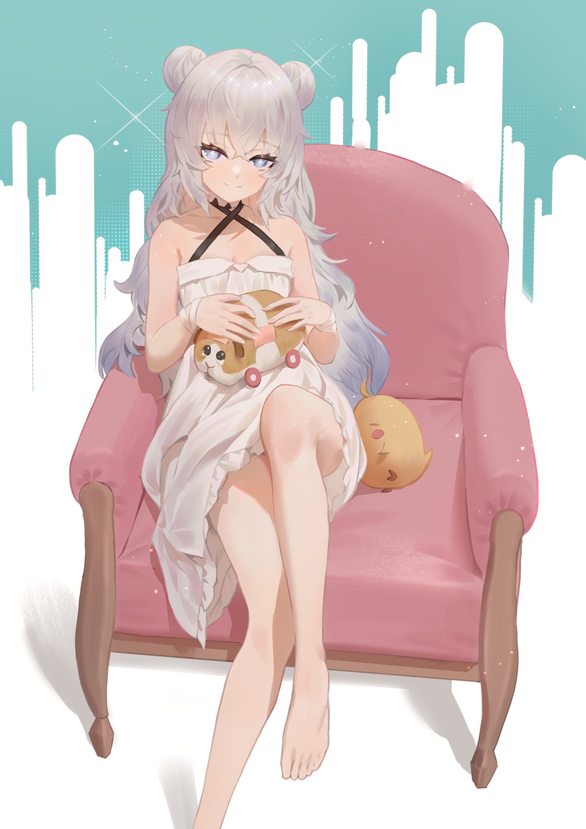 Le Malin from Azur Lane sitting on a chair with plush toys HD Phone Wallpaper