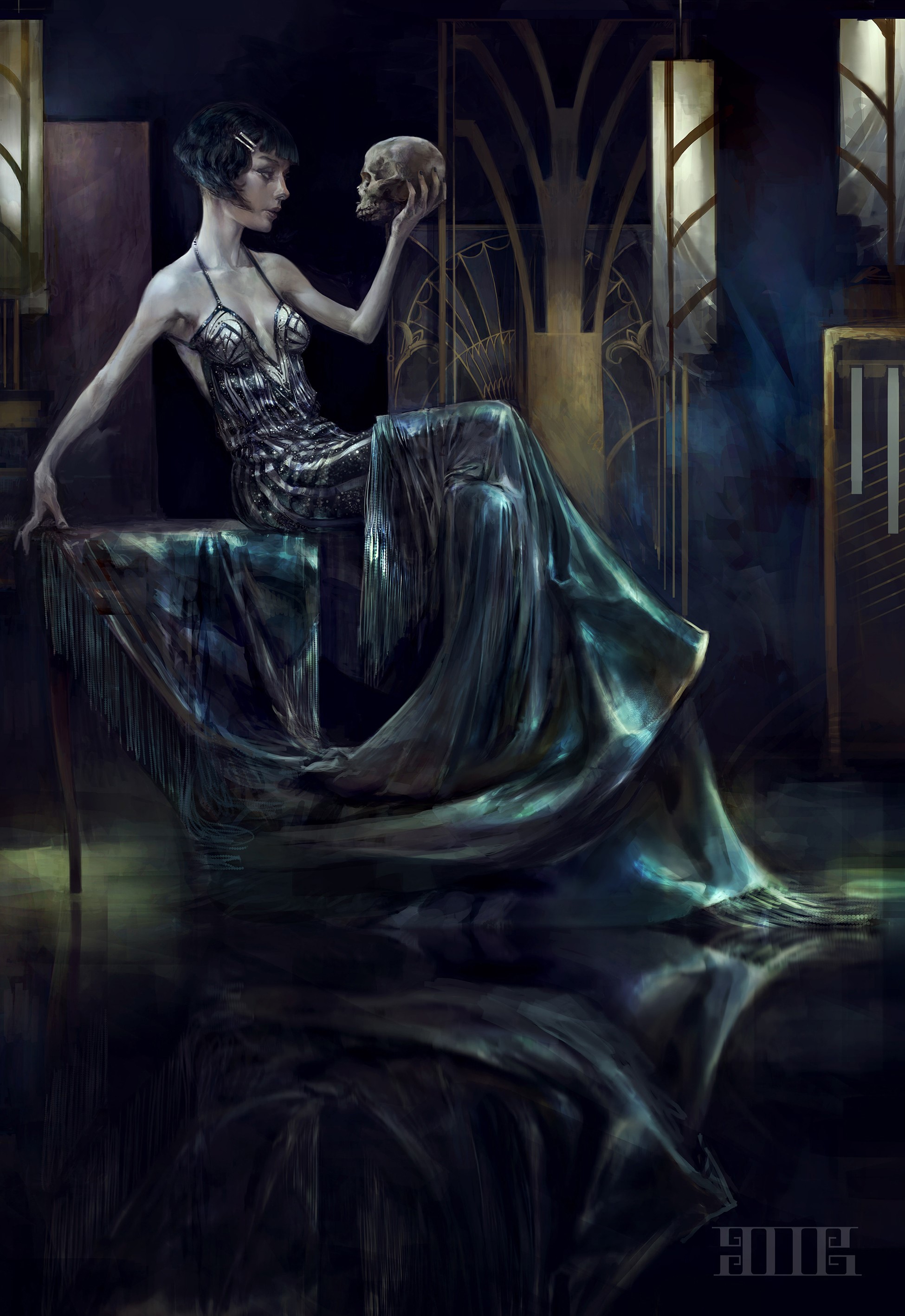 Woman in a dress holding a skull indoors HD Phone Wallpaper
