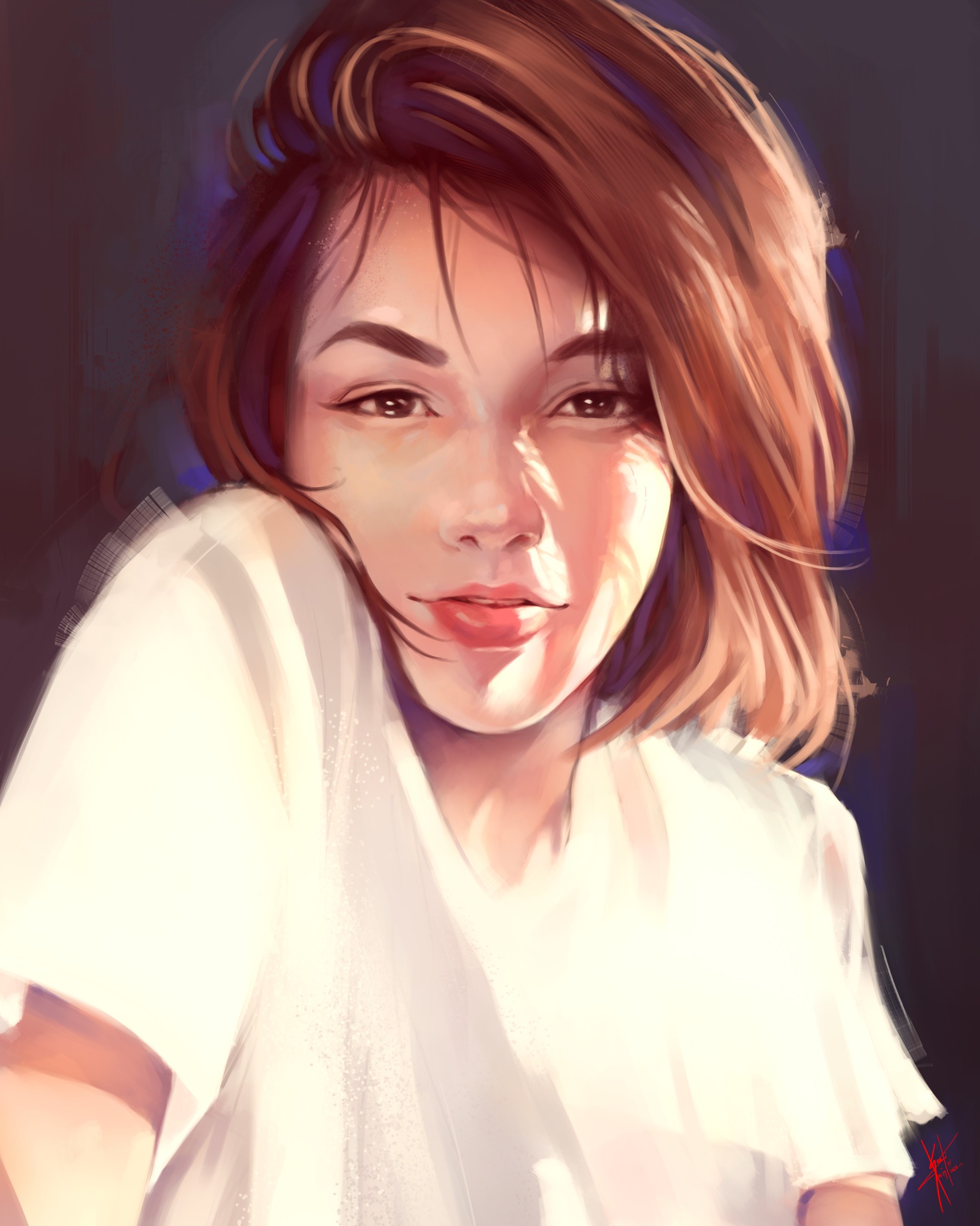 Artwork of a woman with short brown hair wearing a white t-shirt HD Phone Wallpaper