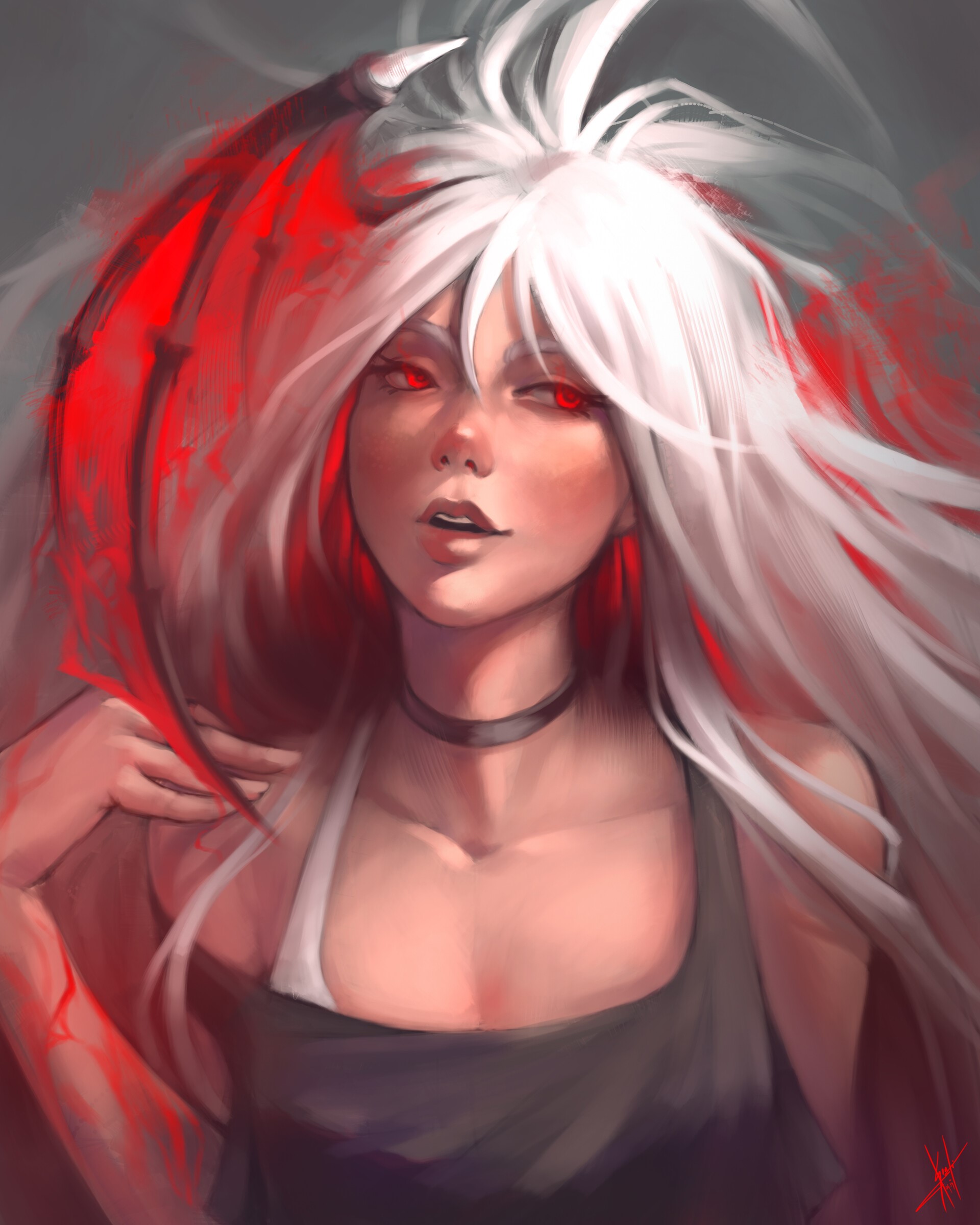 Woman with white hair and red eyes HD Phone Wallpaper