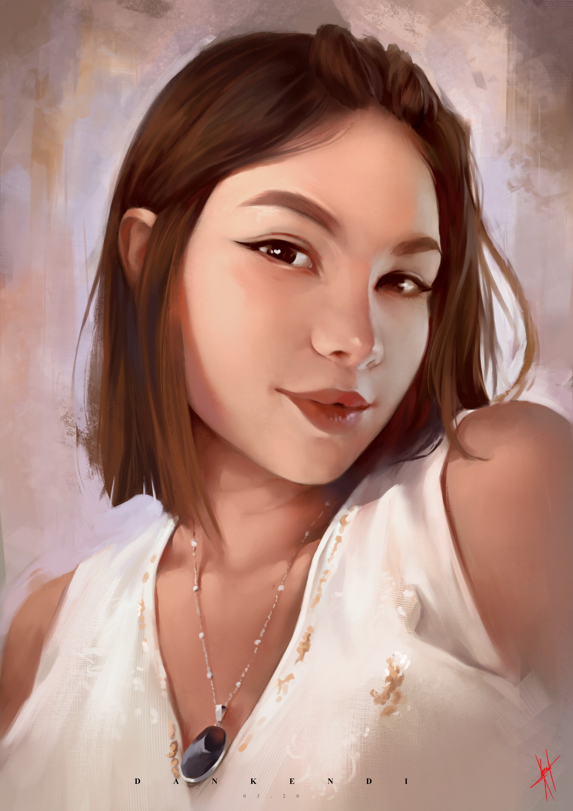 Digital painting of a woman with brown hair wearing a necklace HD Phone Wallpaper