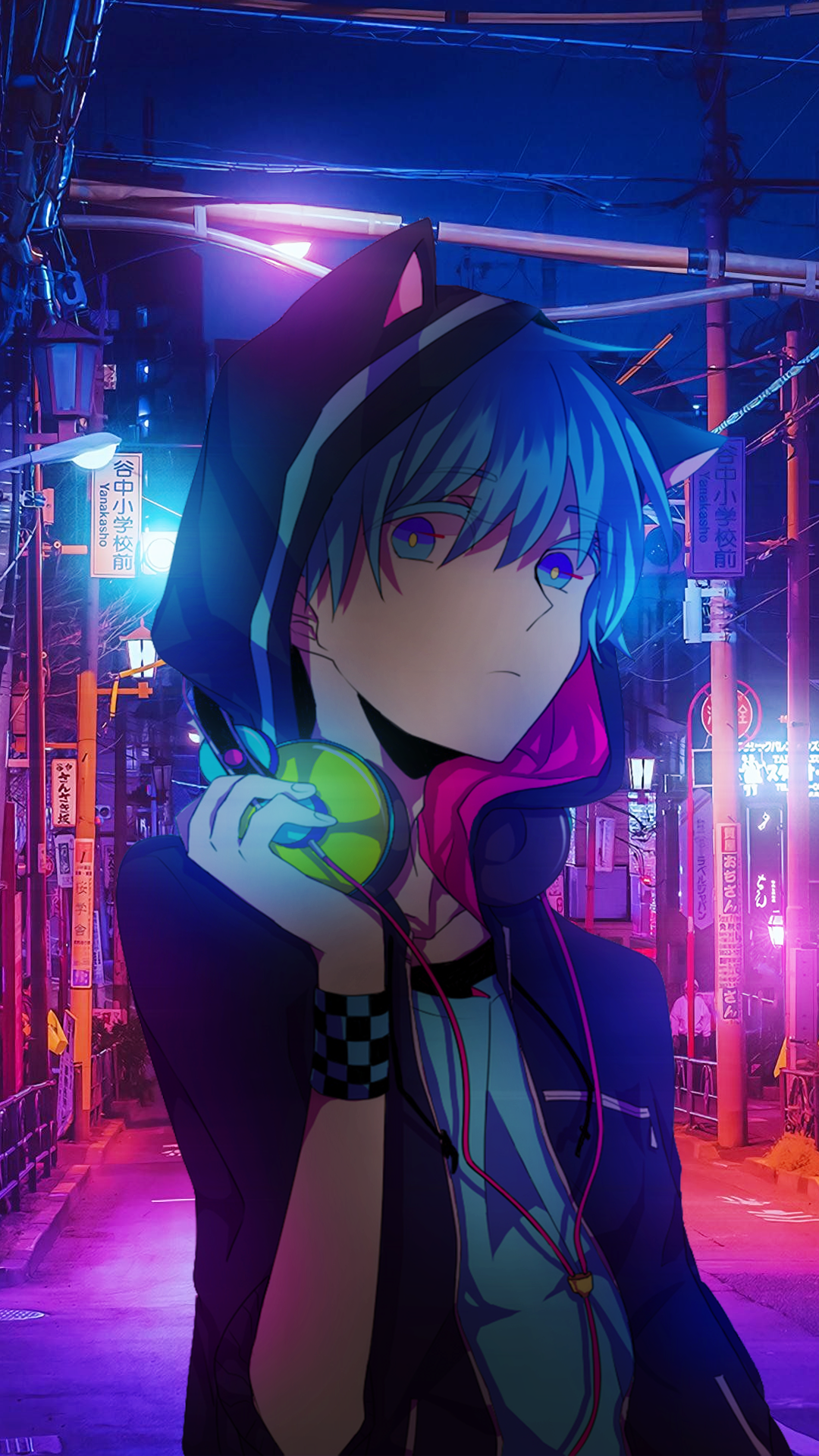 Glowing Anime Boy with Blue Hair in Neon City HD Phone Wallpaper