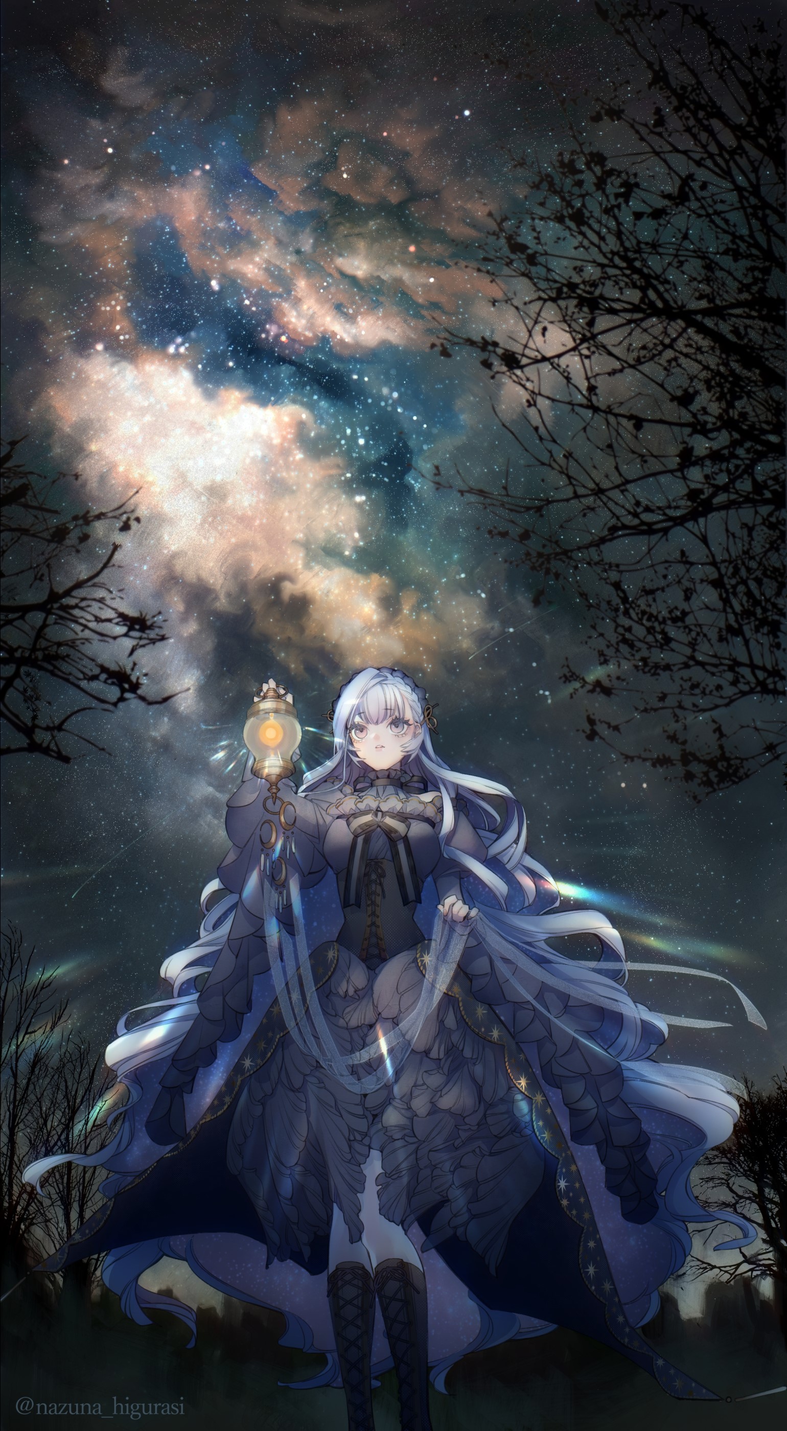 Anime girl with a lamp under a starry sky HD Phone Wallpaper
