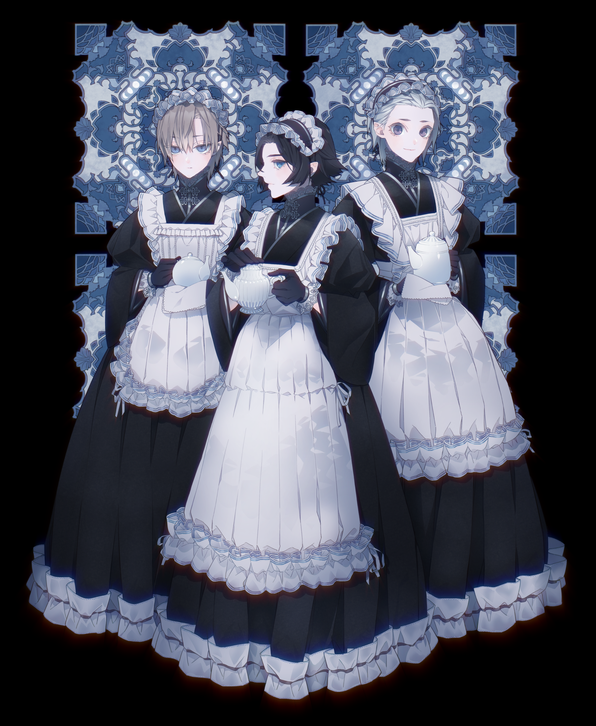 Three maids in traditional outfits with ornate background HD Phone Wallpaper