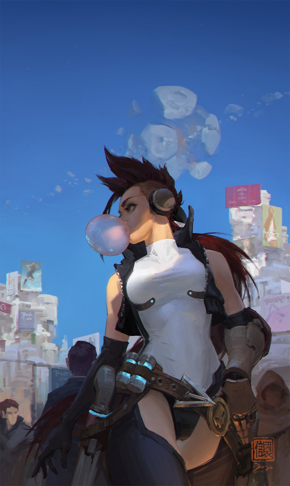 Artwork of a woman blowing bubble gum in a city HD Phone Wallpaper