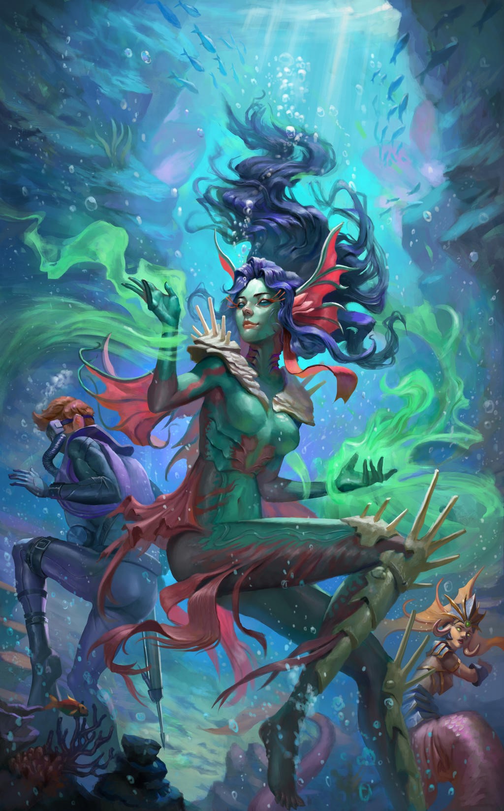 Fantasy art of mermaids and a diver underwater HD Phone Wallpaper