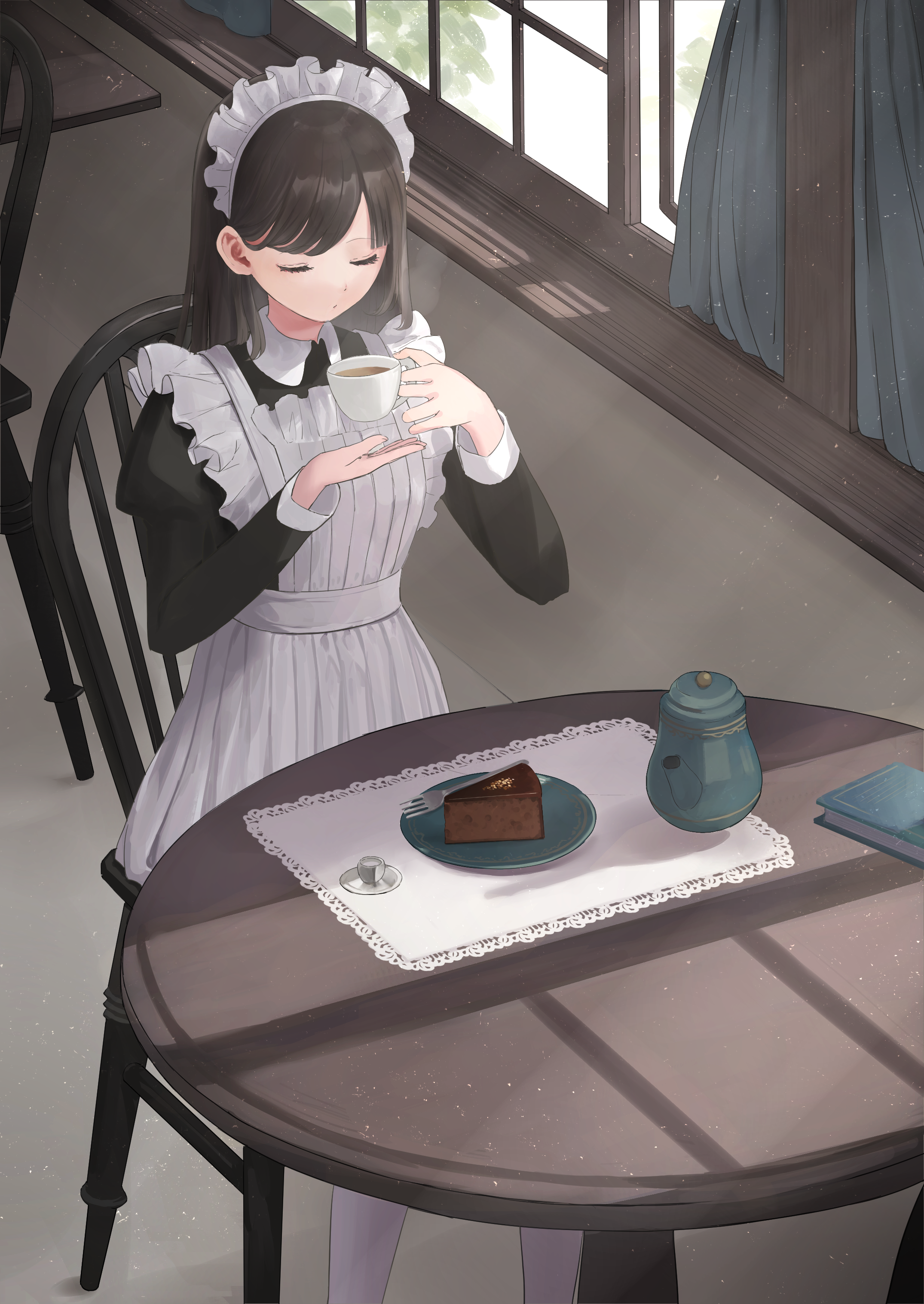 Girl in maid outfit drinking tea with cake HD Phone Wallpaper