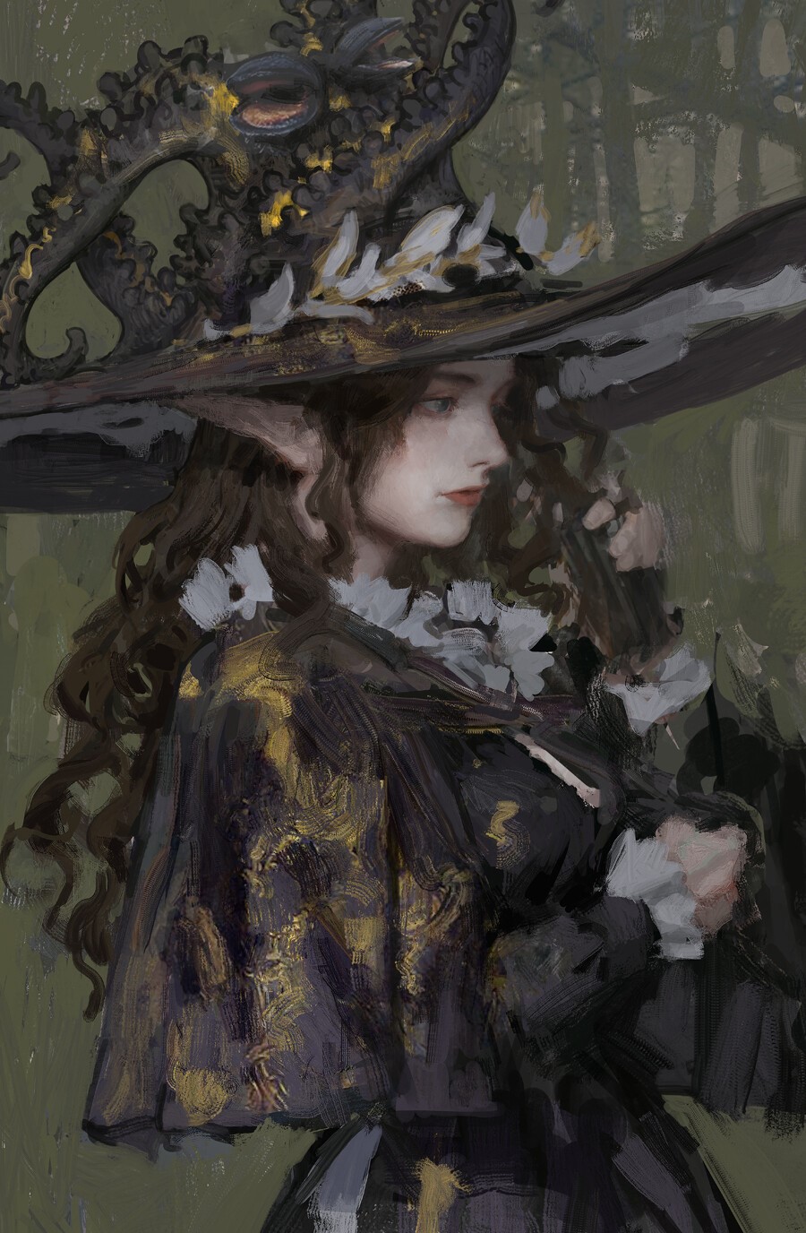 Fantasy girl with pointed ears wearing a witch hat HD Phone Wallpaper