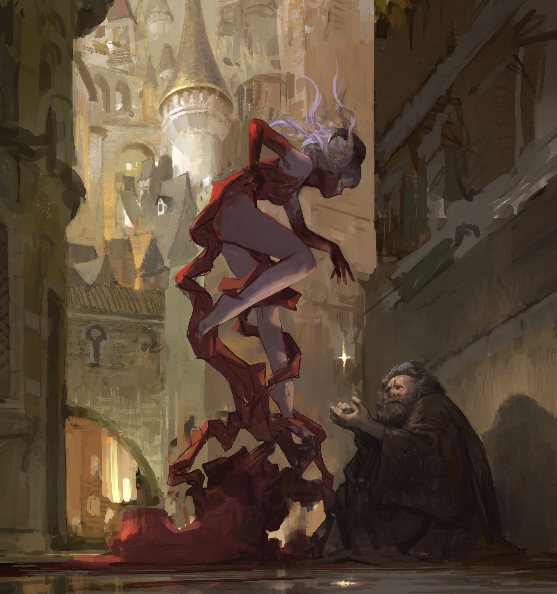 Fantasy girl in red dress floats above homeless man in city HD Phone Wallpaper