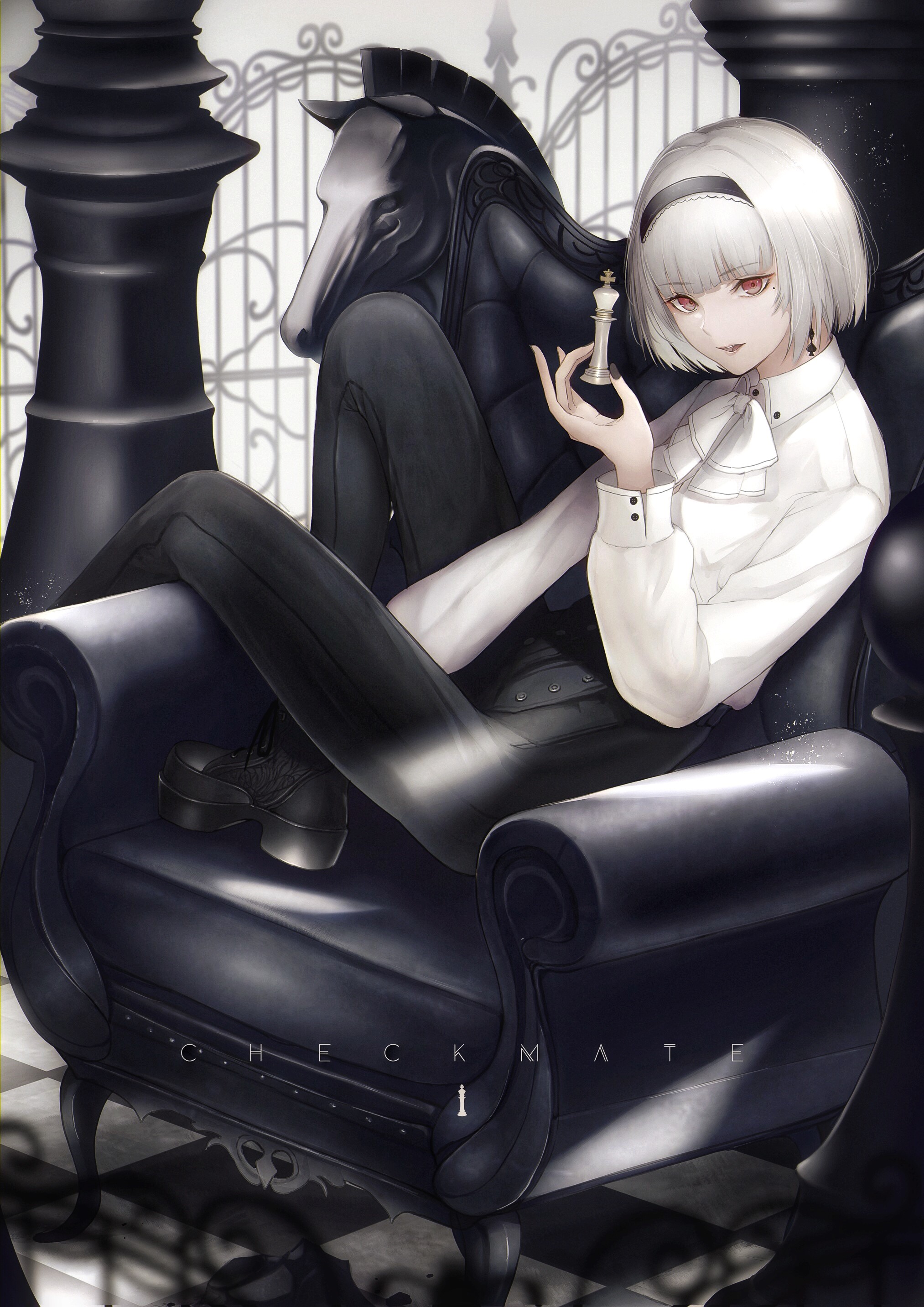 Anime girl with silver hair holding a chess piece HD Phone Wallpaper