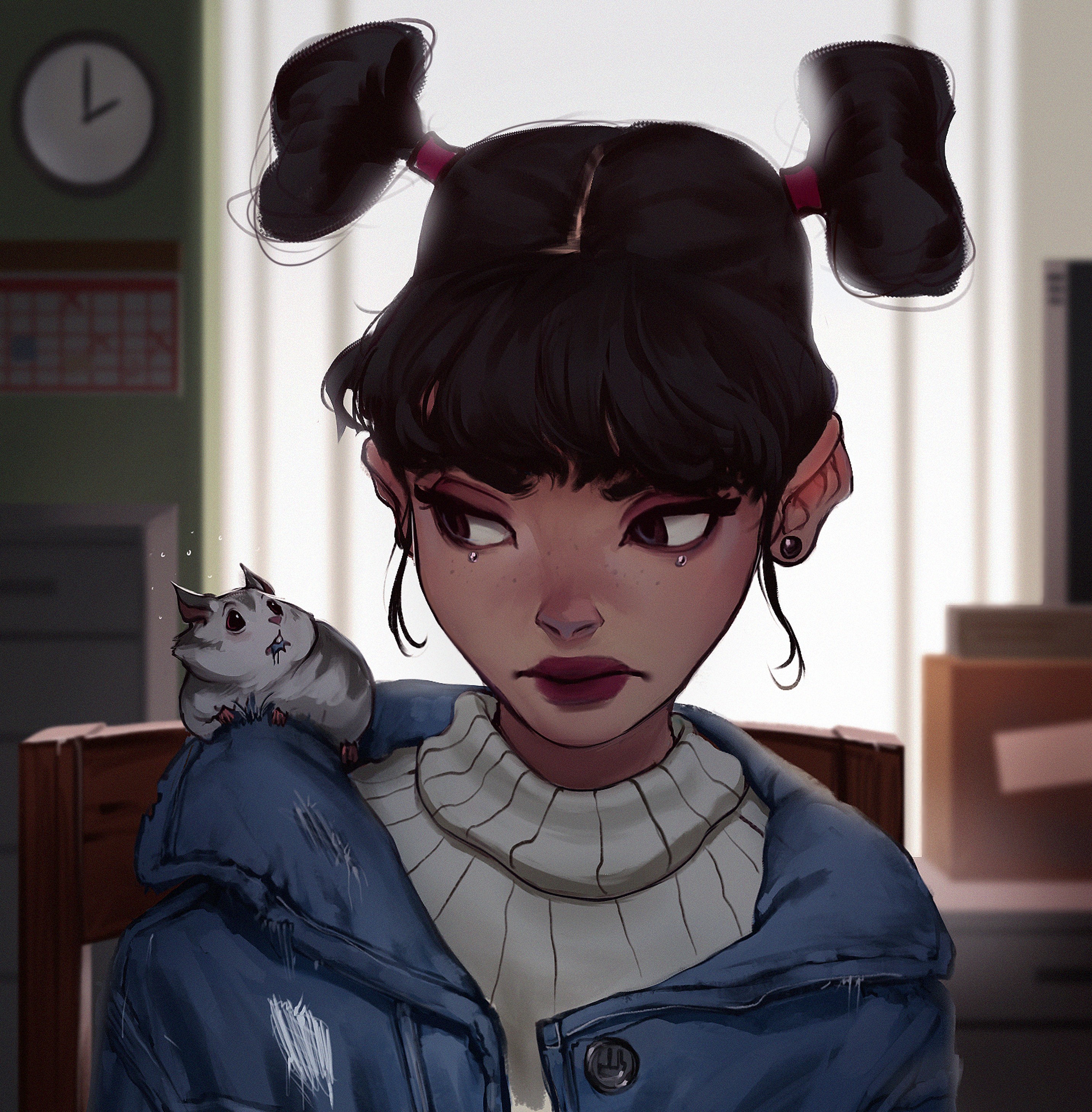 Girl with pigtails and a hamster on her shoulder HD Phone Wallpaper