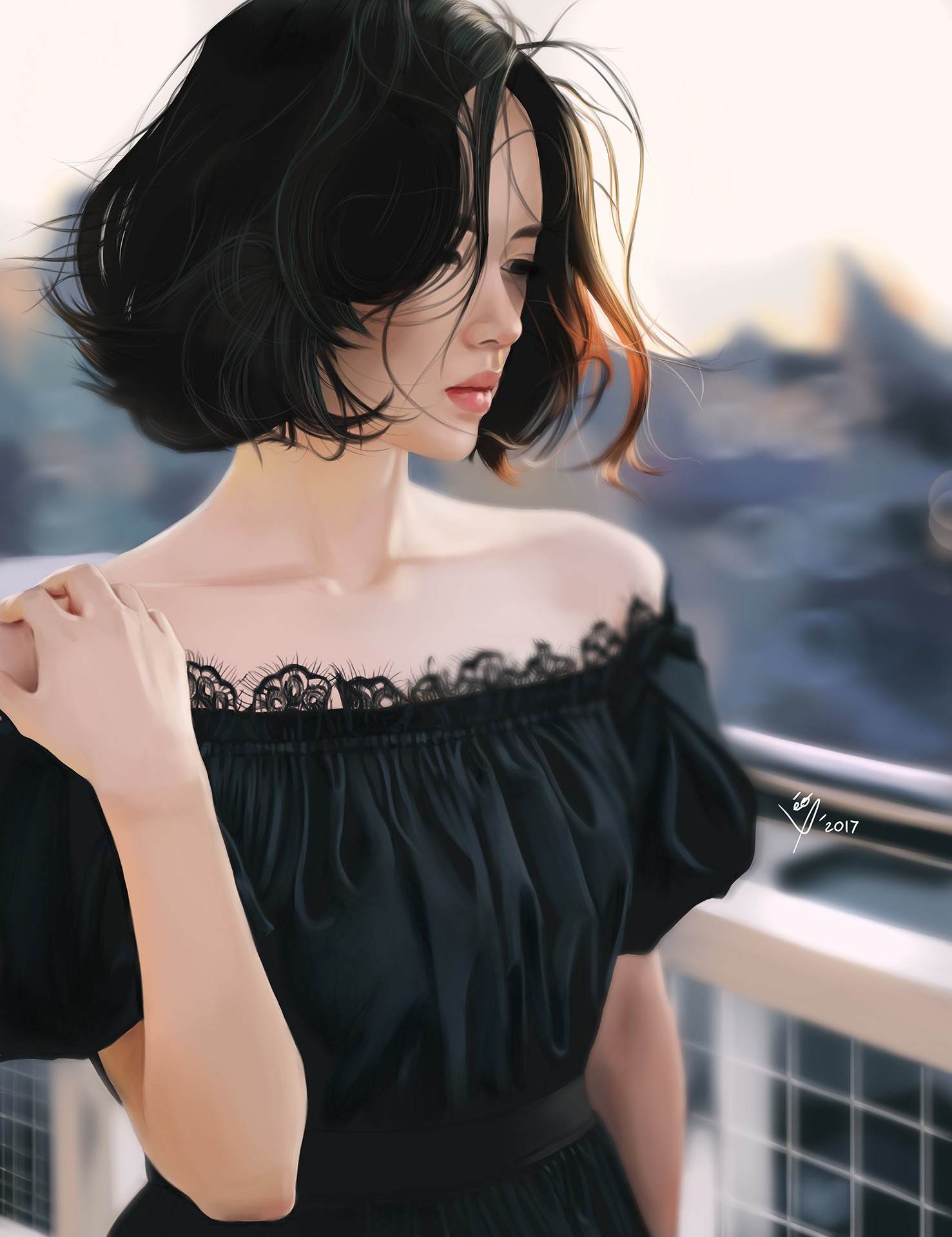 Artwork of a woman in a black dress HD Phone Wallpaper