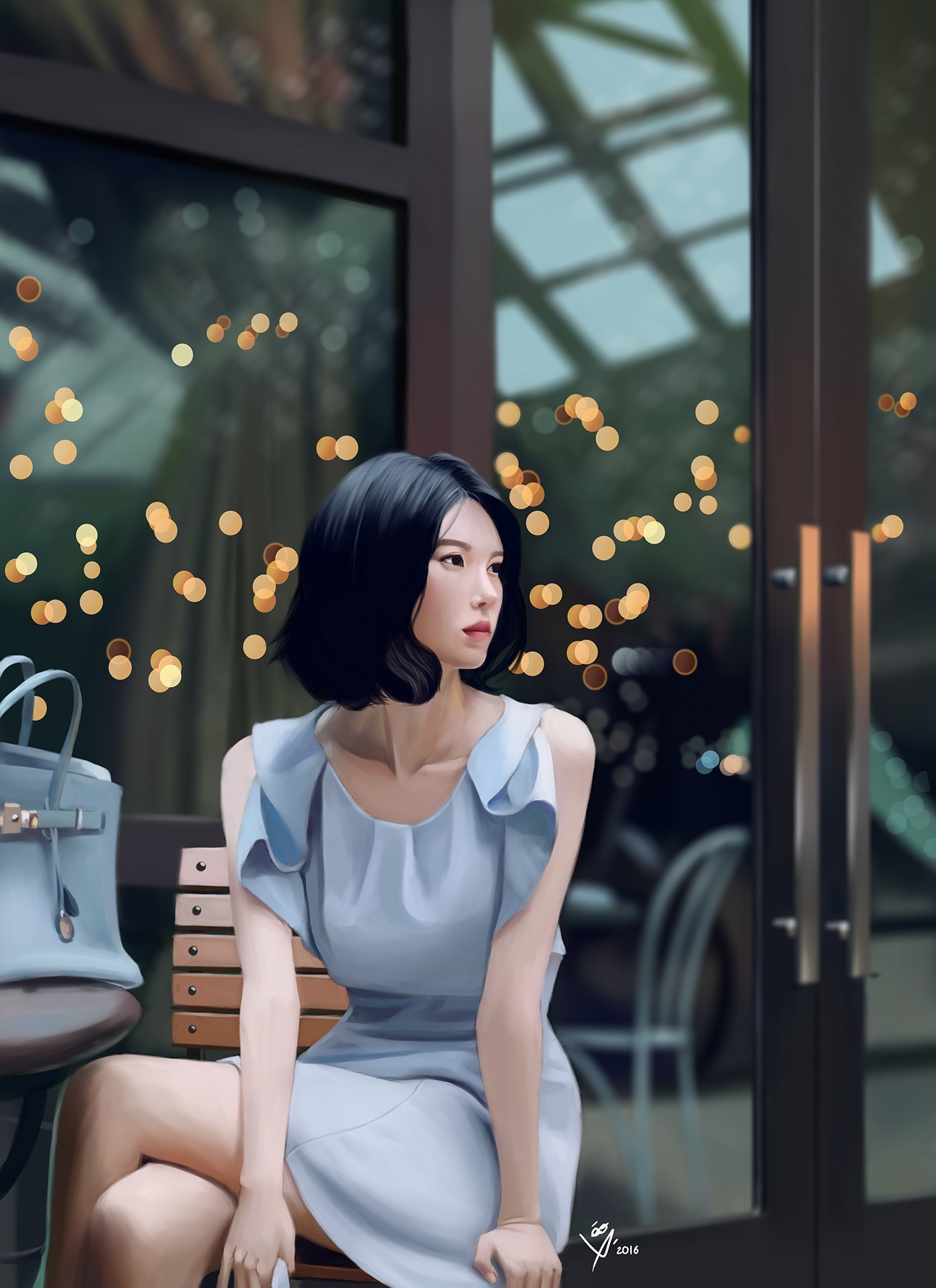 Woman in blue dress sitting at a table with handbag HD Phone Wallpaper