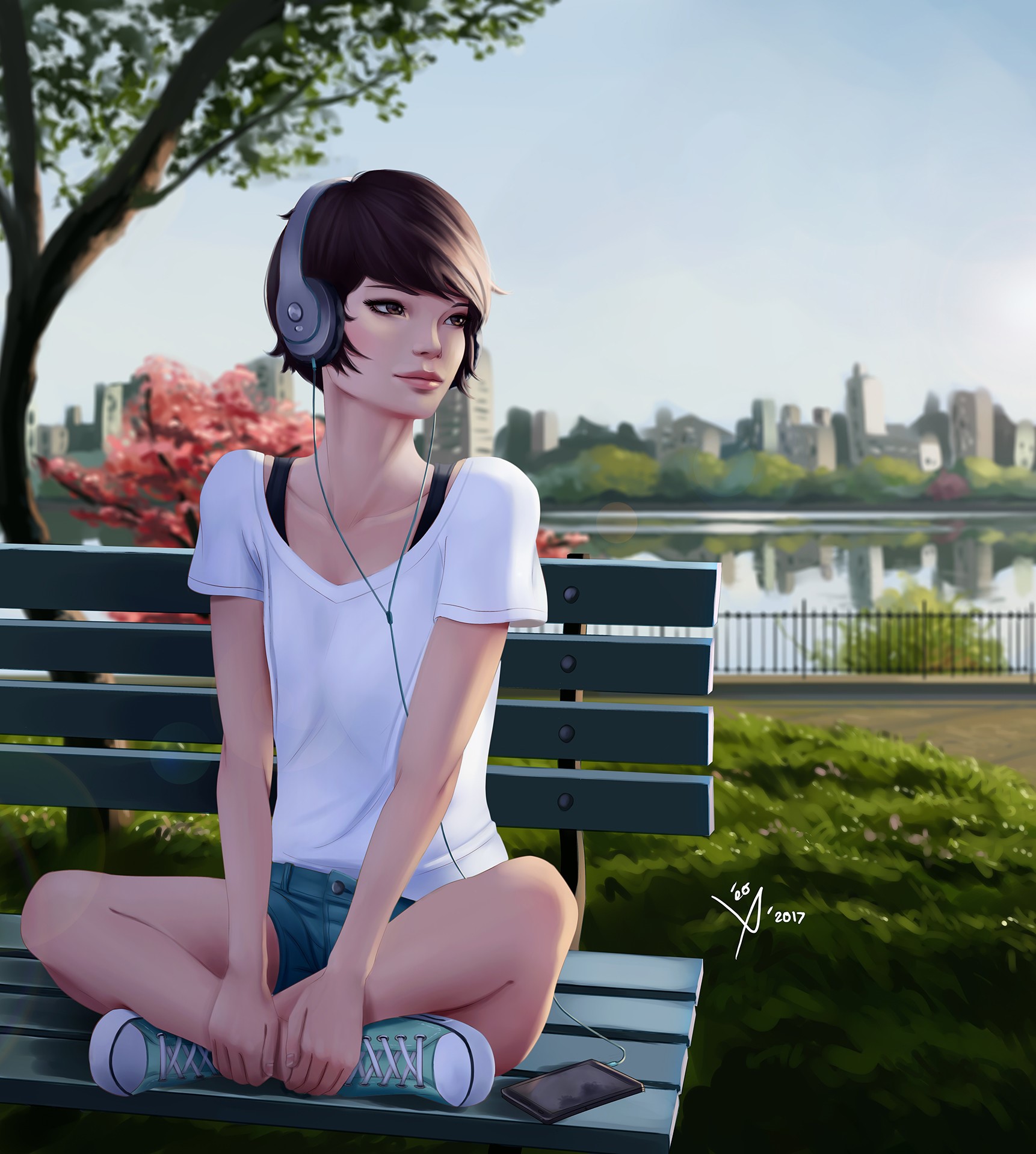 Woman with headphones sitting on a park bench HD Phone Wallpaper