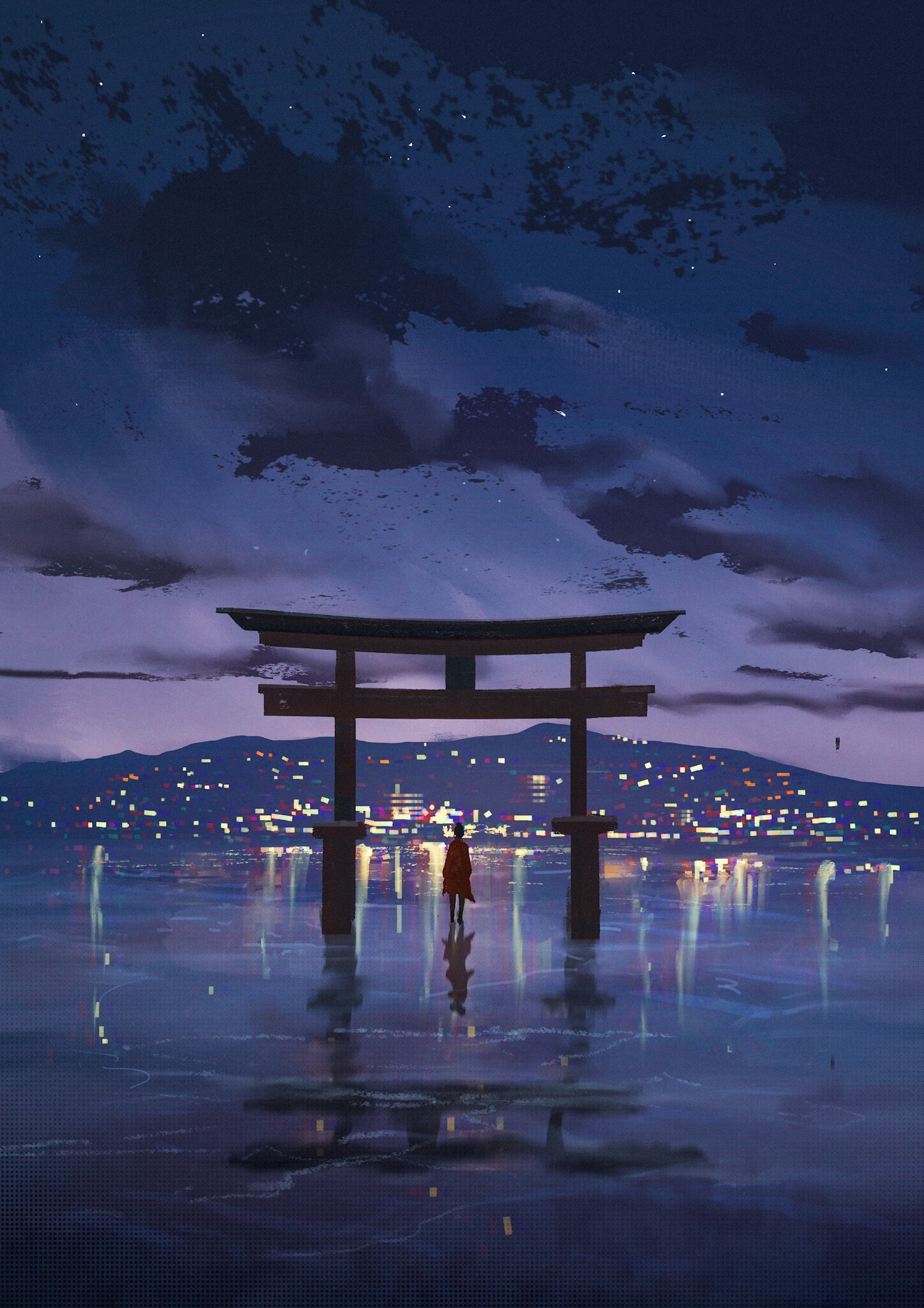 Person standing in water under a Torii gate at night HD Phone Wallpaper