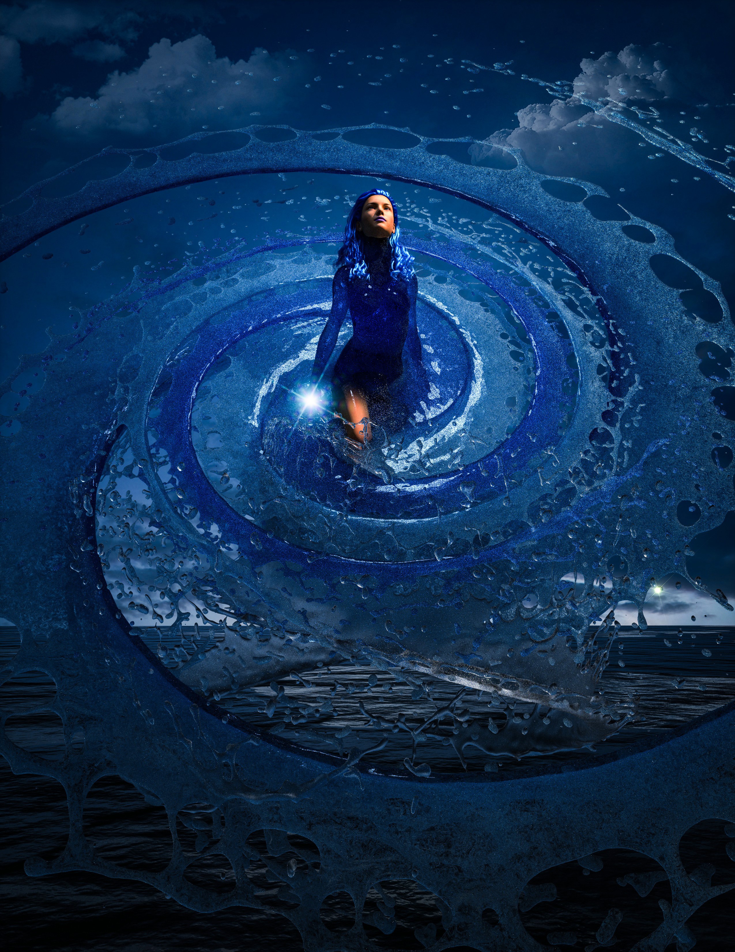 Woman in blue dress in a water vortex HD Phone Wallpaper