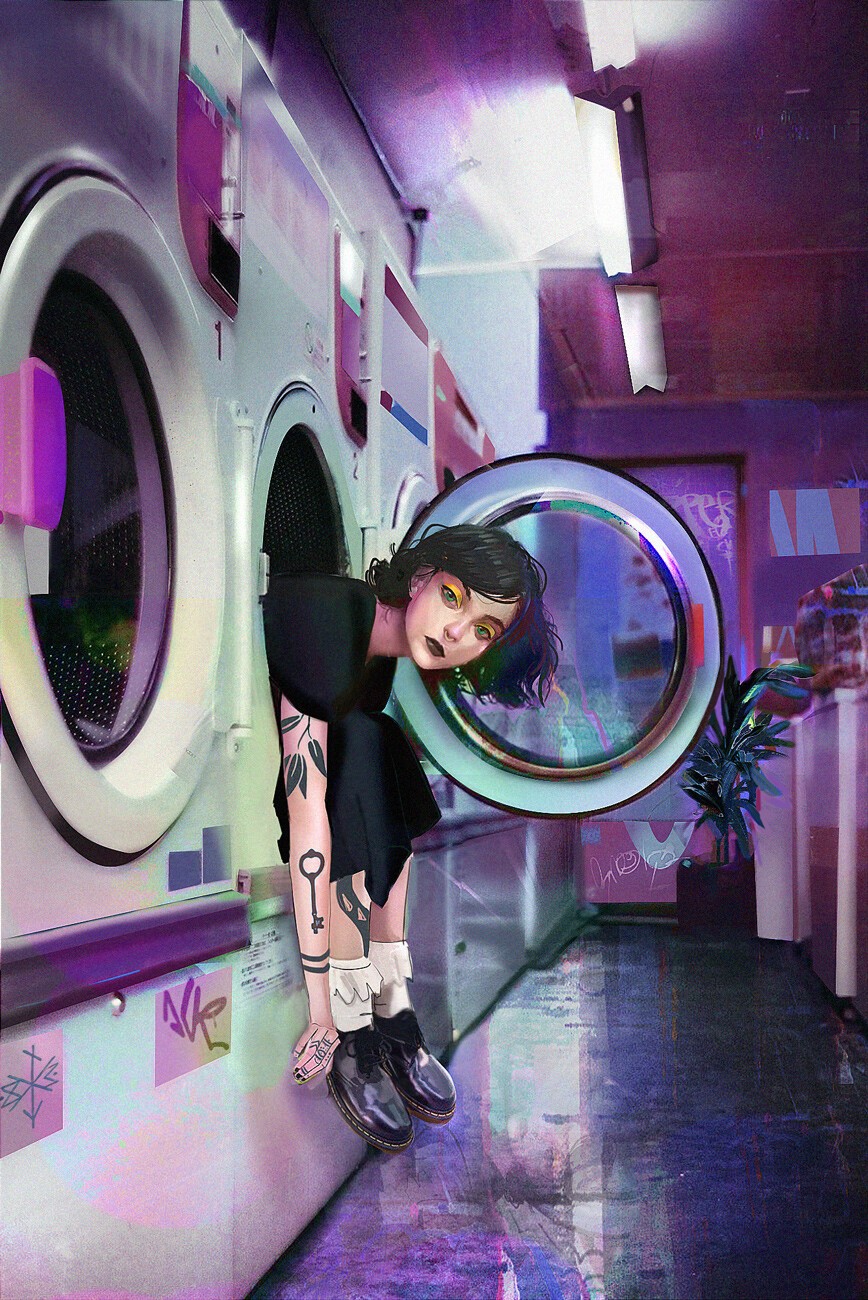 Girl emerging from a washing machine HD Phone Wallpaper
