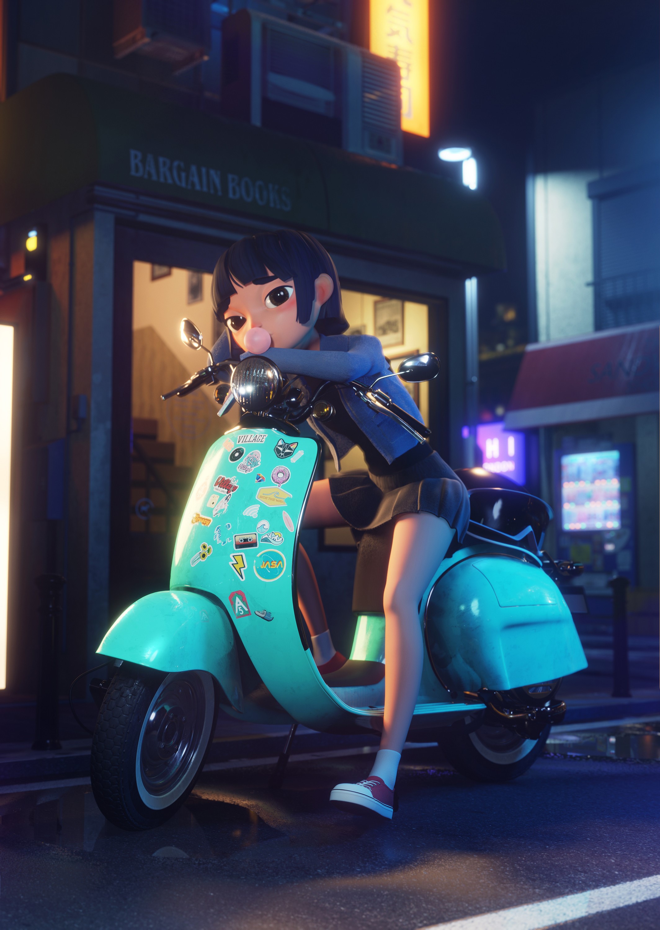 Girl on a scooter with bubble gum at night HD Phone Wallpaper