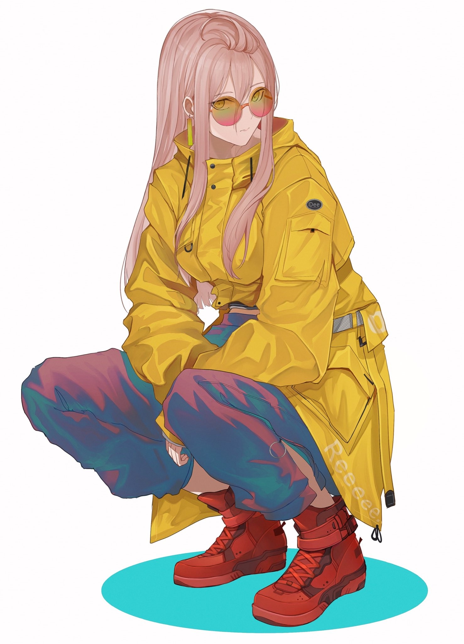 Anime girl with pink hair wearing yellow jacket and sunglasses HD Phone Wallpaper