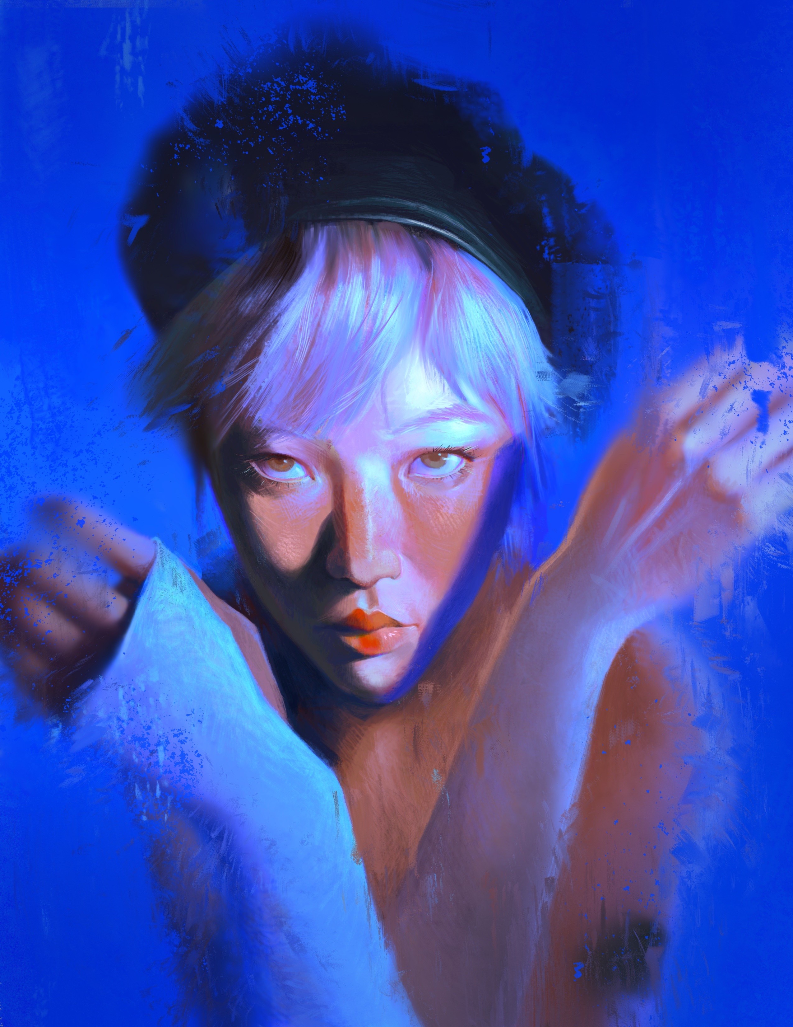 Digital painting of a woman with pink hair and a beret HD Phone Wallpaper