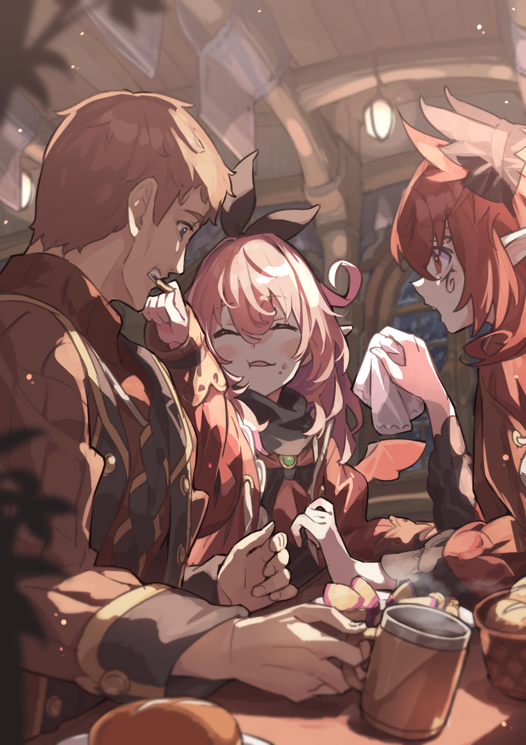 Anime characters eating at a table HD Phone Wallpaper