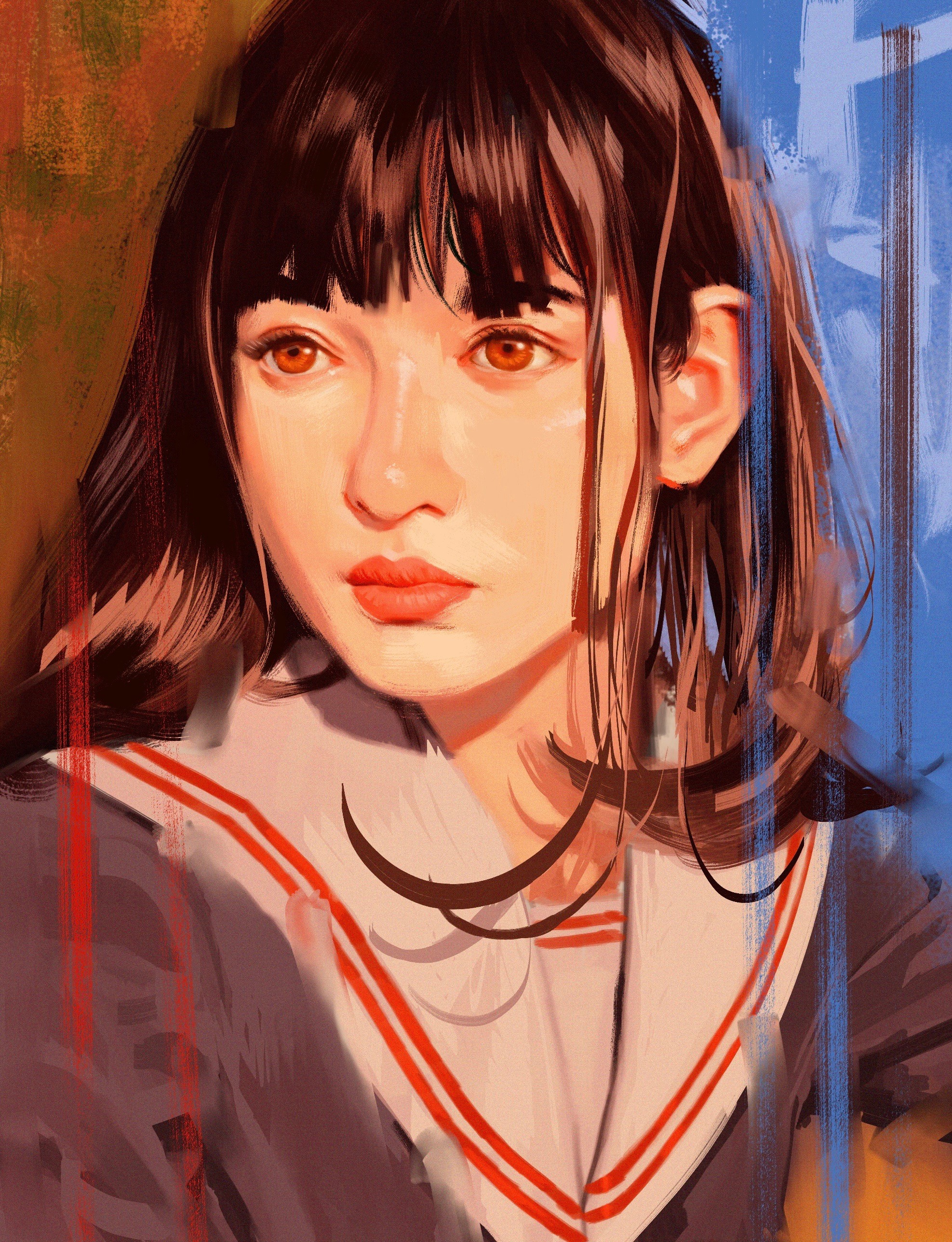 Digital painting of a young woman with dark hair HD Phone Wallpaper