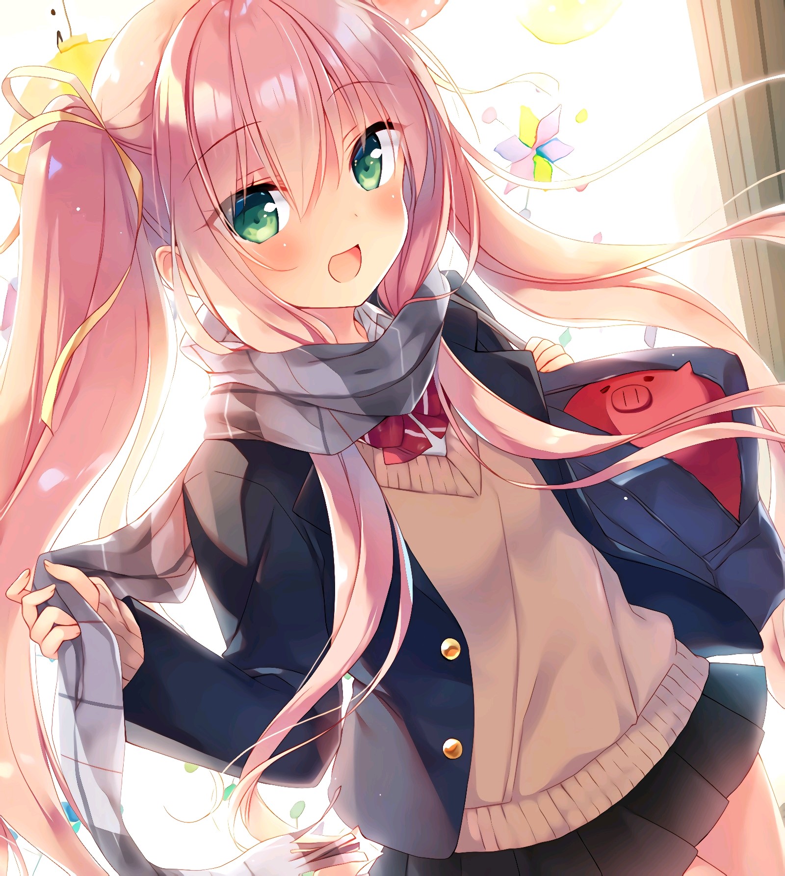 Anime girl with pink hair and green eyes wearing school uniform HD Phone Wallpaper