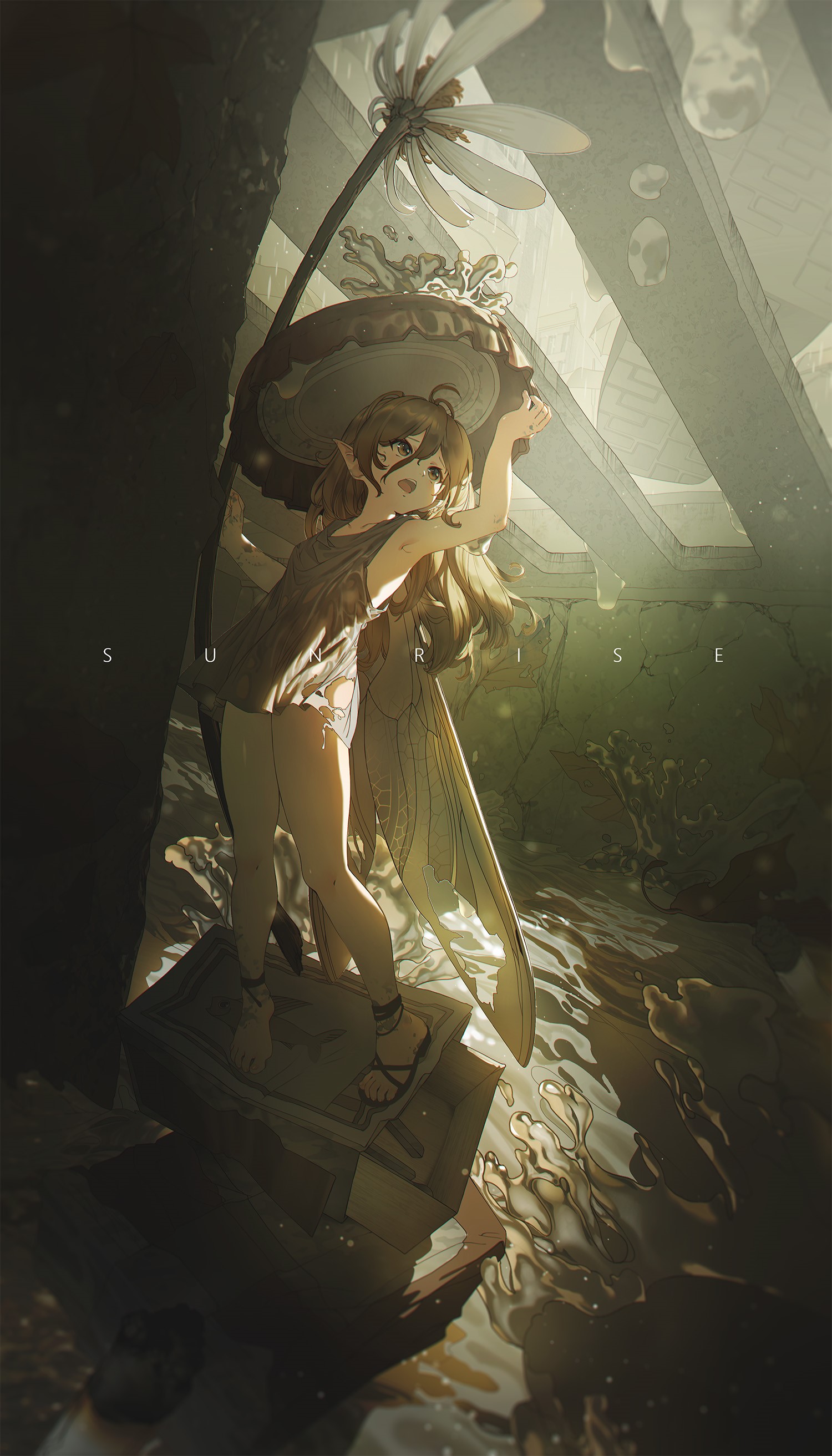 Fairy girl with wings holding a mushroom umbrella HD Phone Wallpaper