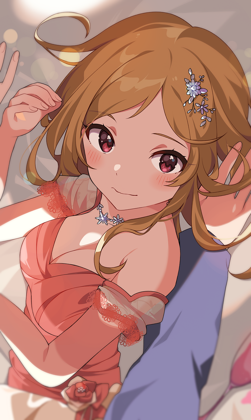 Anime girl with brown hair and red eyes in a pink dress HD Phone Wallpaper