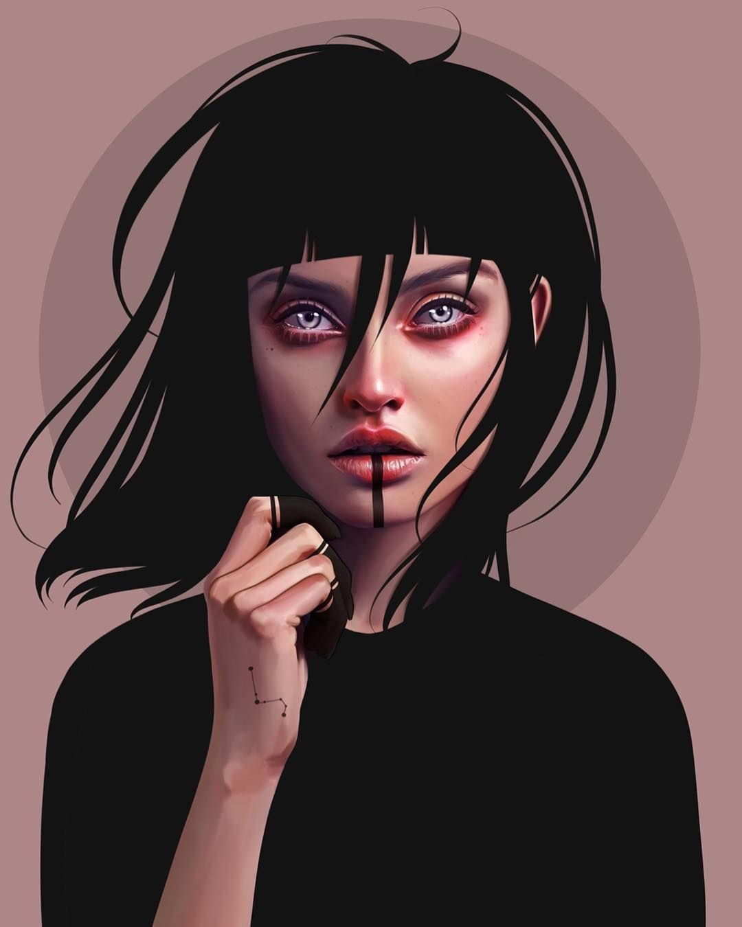 Woman with black fringe hair and gray eyes HD Phone Wallpaper