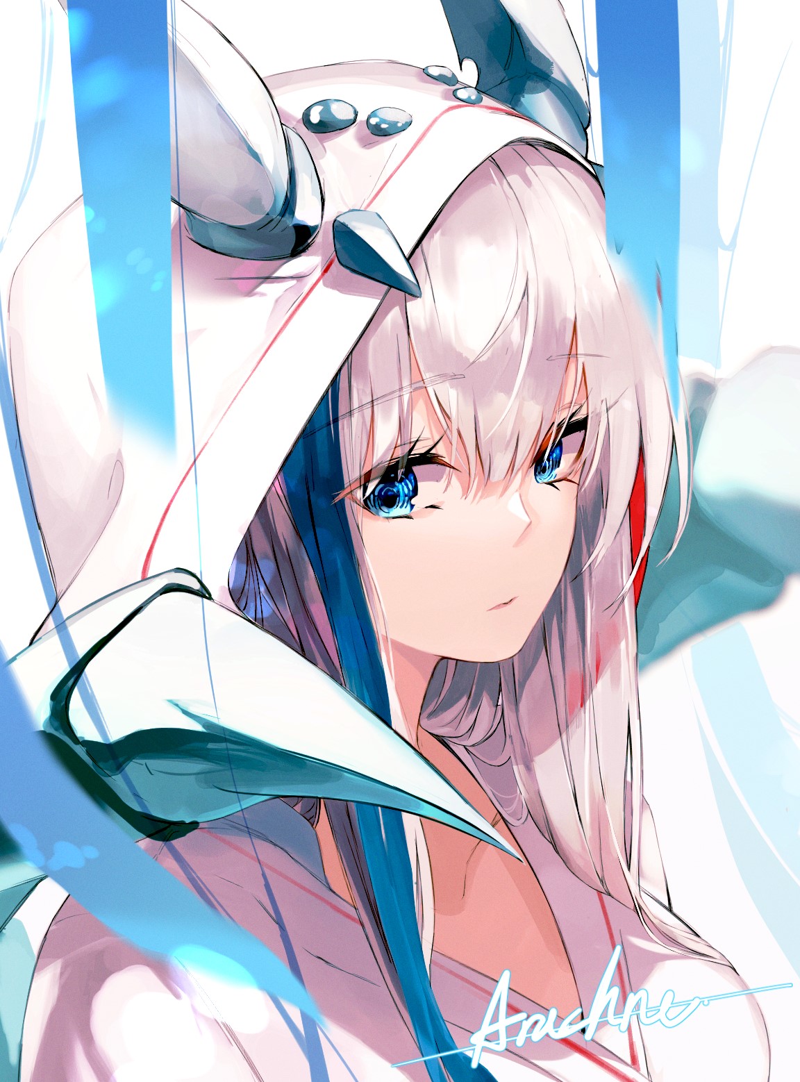 Anime girl with silver hair and blue eyes wearing a hood HD Phone Wallpaper