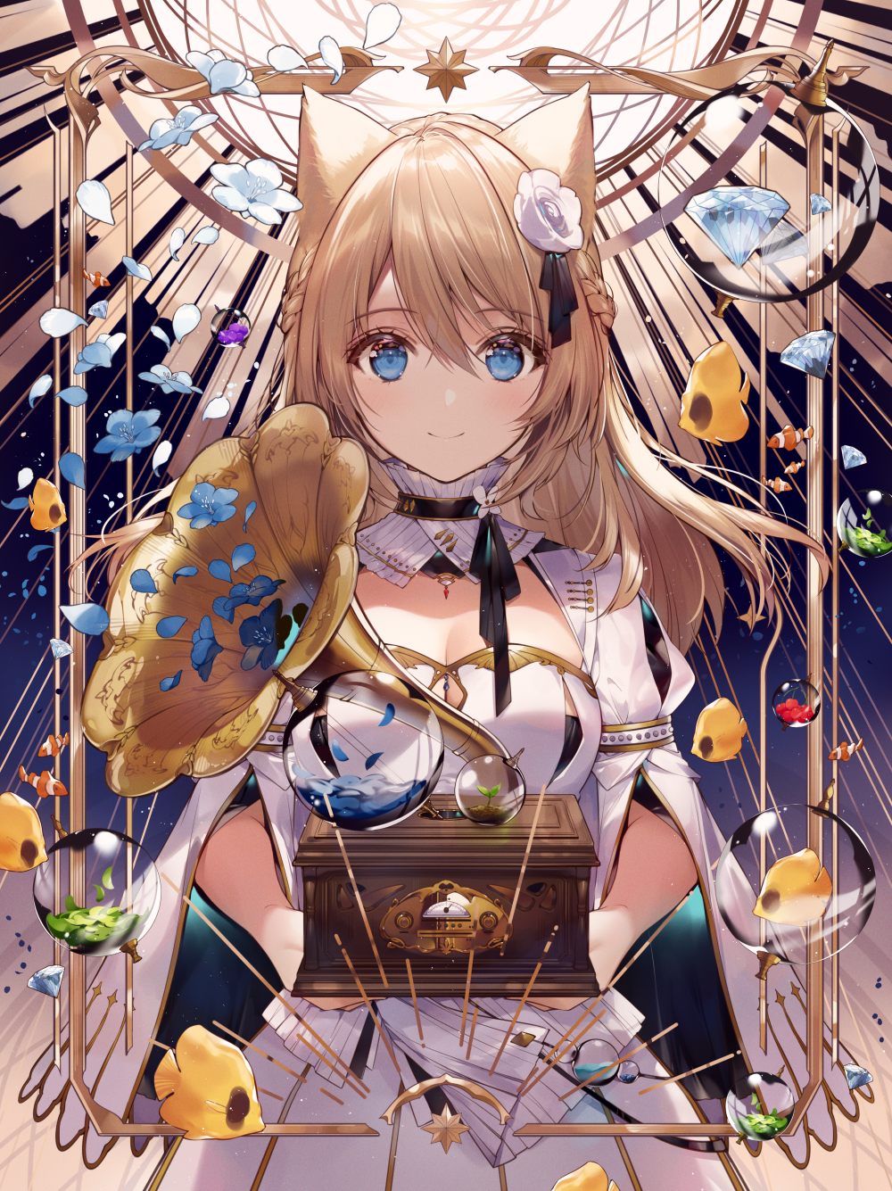 Anime girl with cat ears holding a phonograph HD Phone Wallpaper