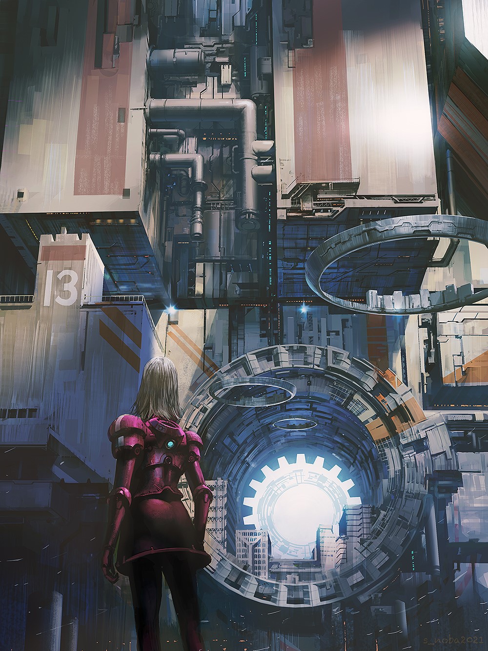 Anime girl in futuristic armor looking at a large industrial structure HD Phone Wallpaper