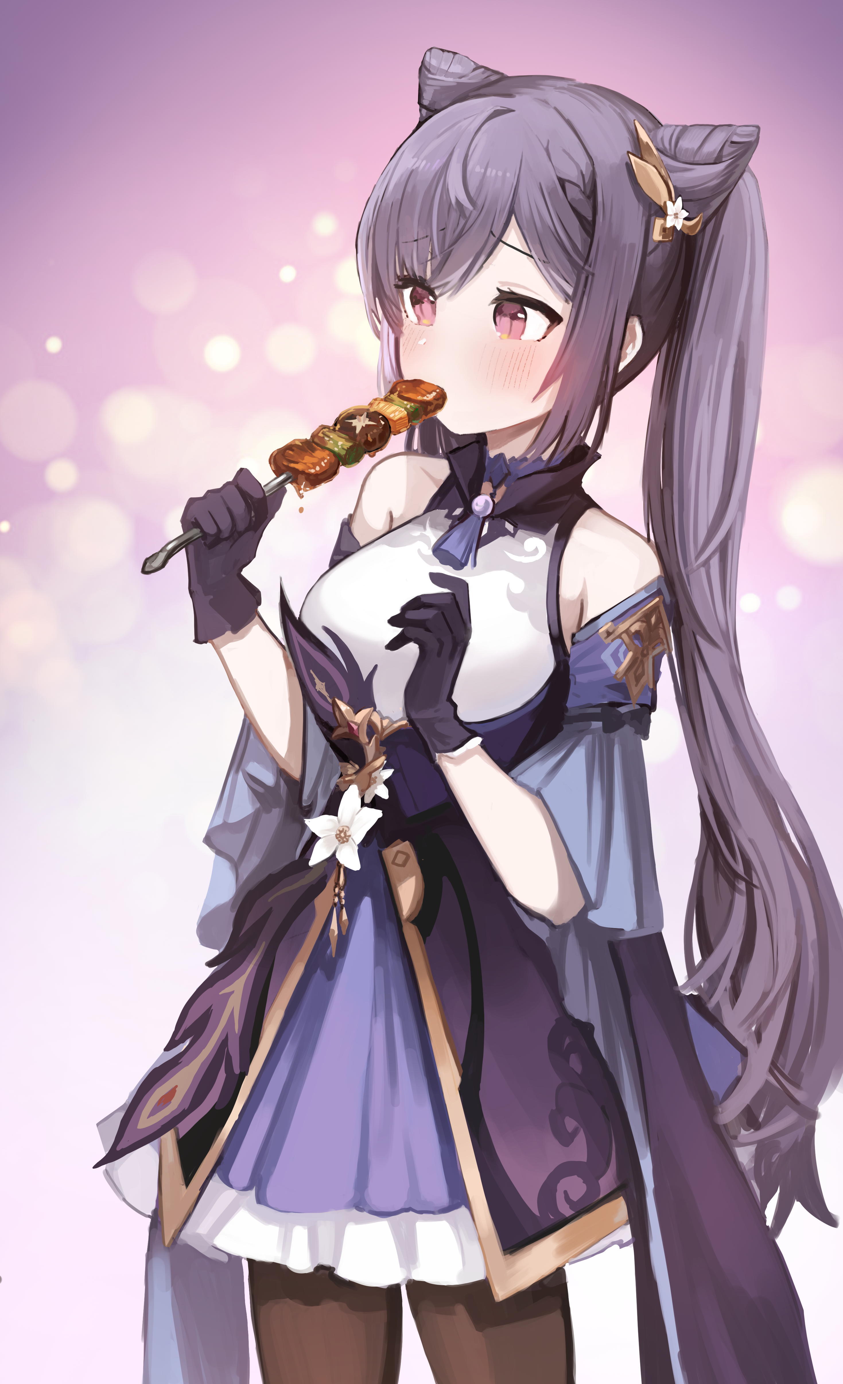 Keqing from Genshin Impact Eating Skewers HD Phone Wallpaper