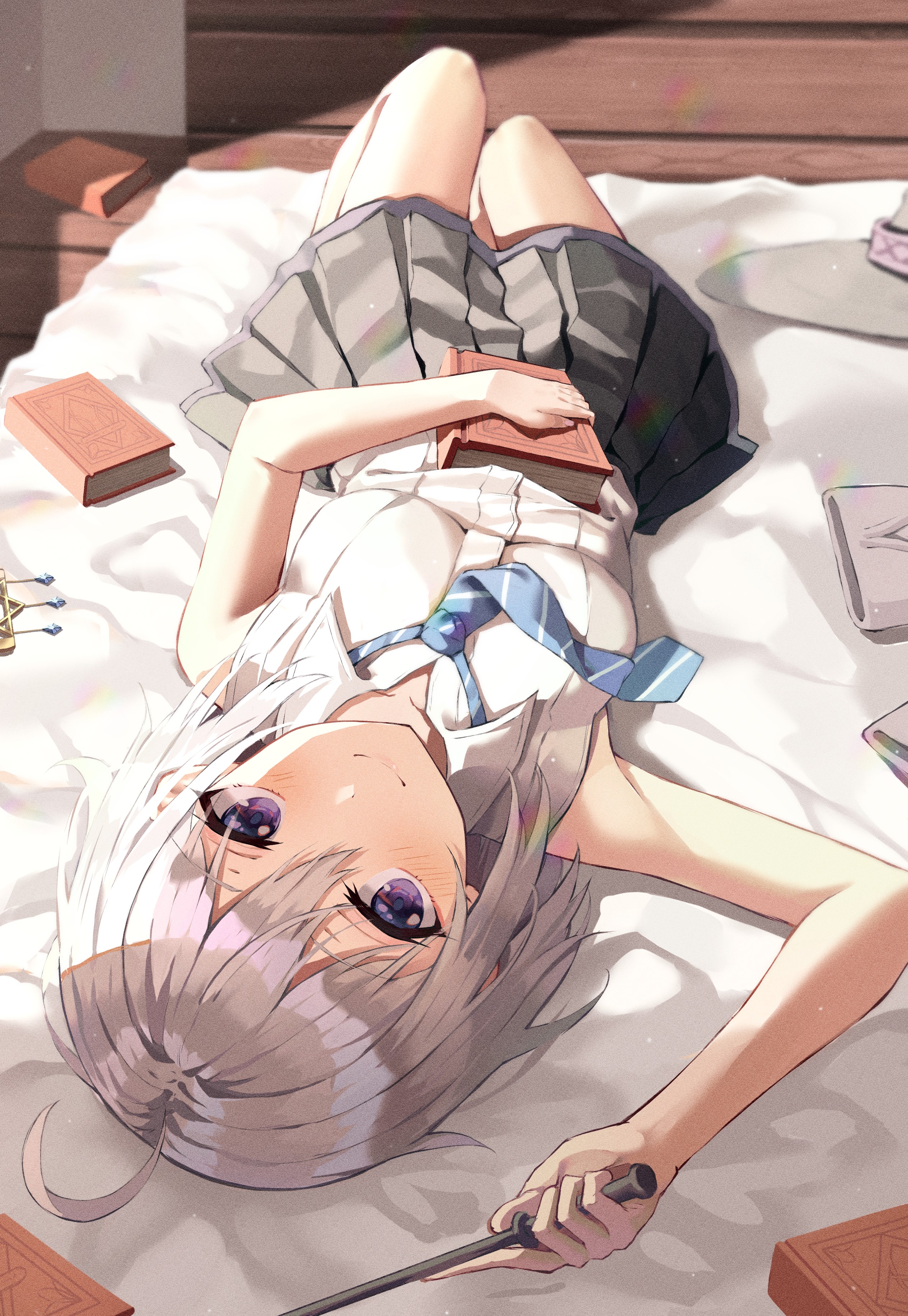 Elaina from Majo no Tabitabi lying on back with books HD Phone Wallpaper