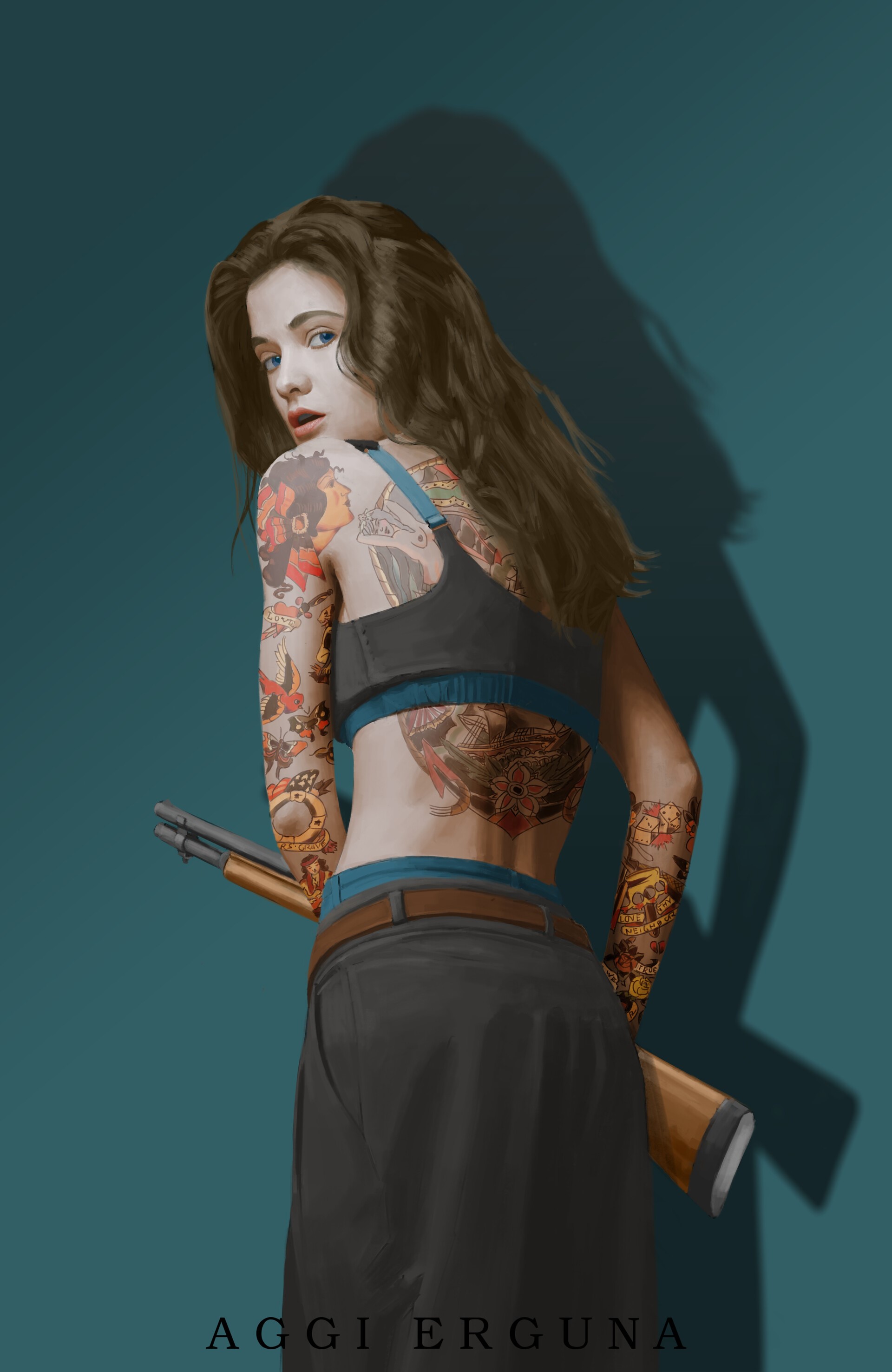 Woman with tattoos and shotgun by Aggi Erguna HD Phone Wallpaper
