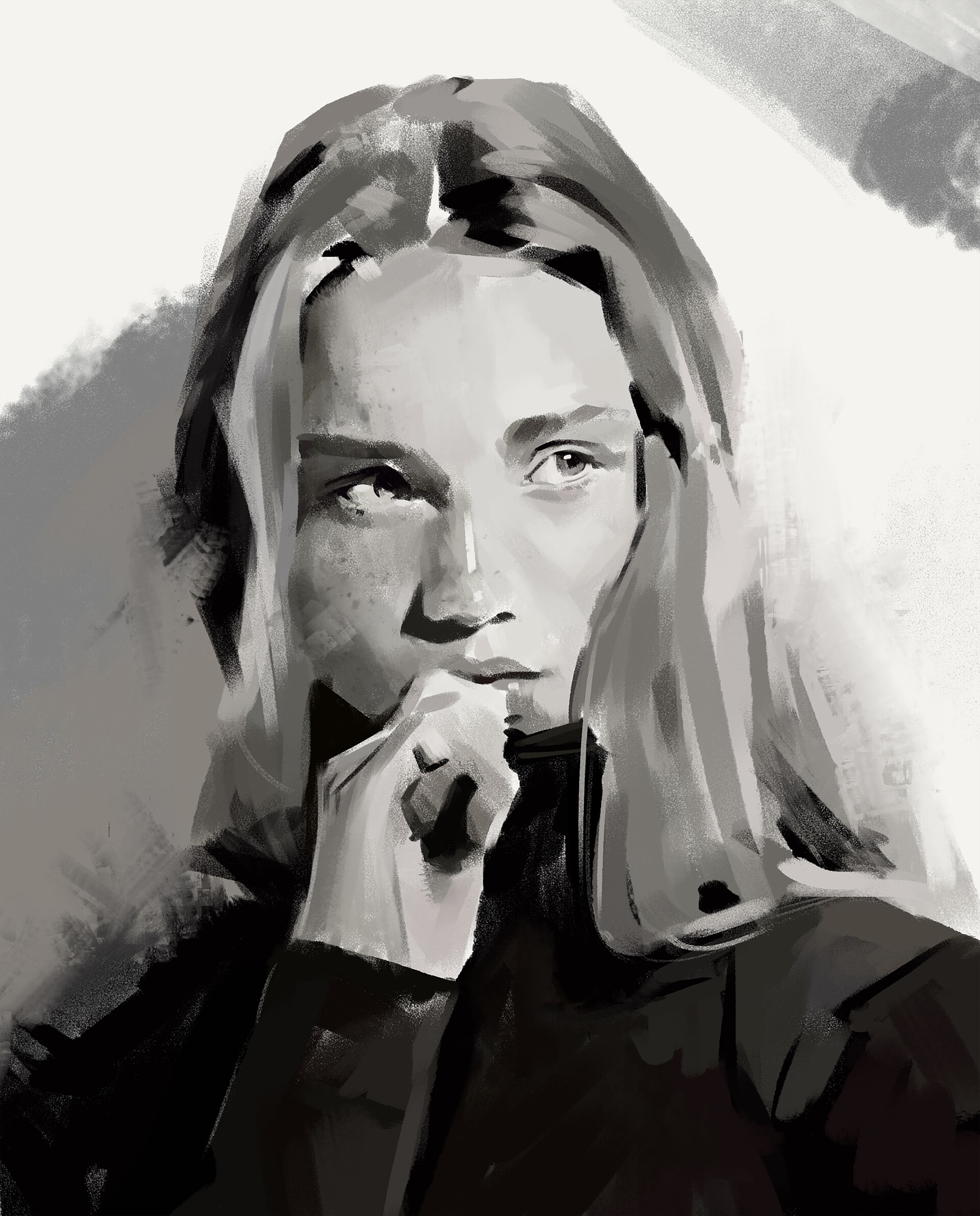 Monochrome digital painting of a woman looking away HD Phone Wallpaper