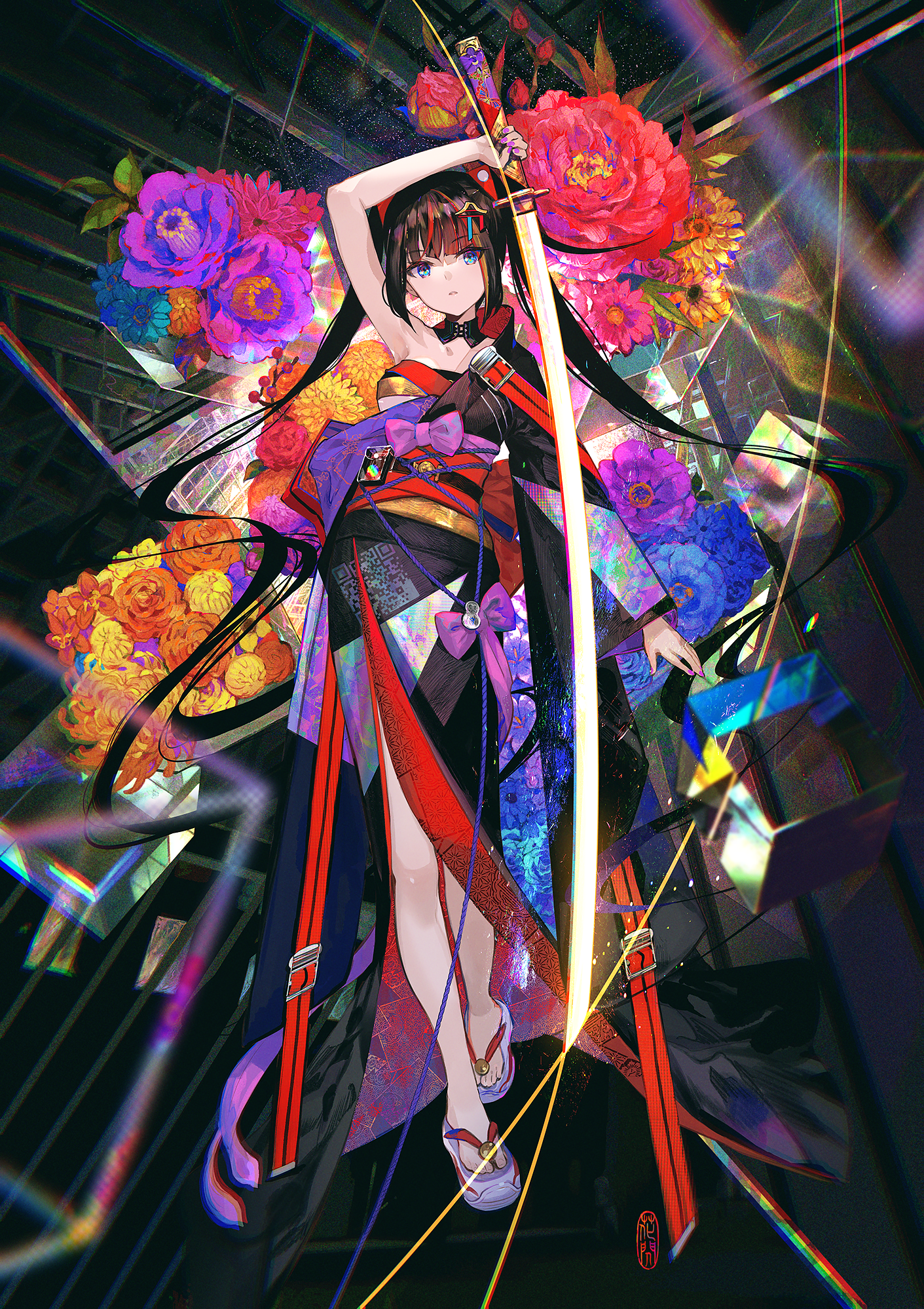 Fuji Choko artwork of a woman with a katana and flowers HD Phone Wallpaper