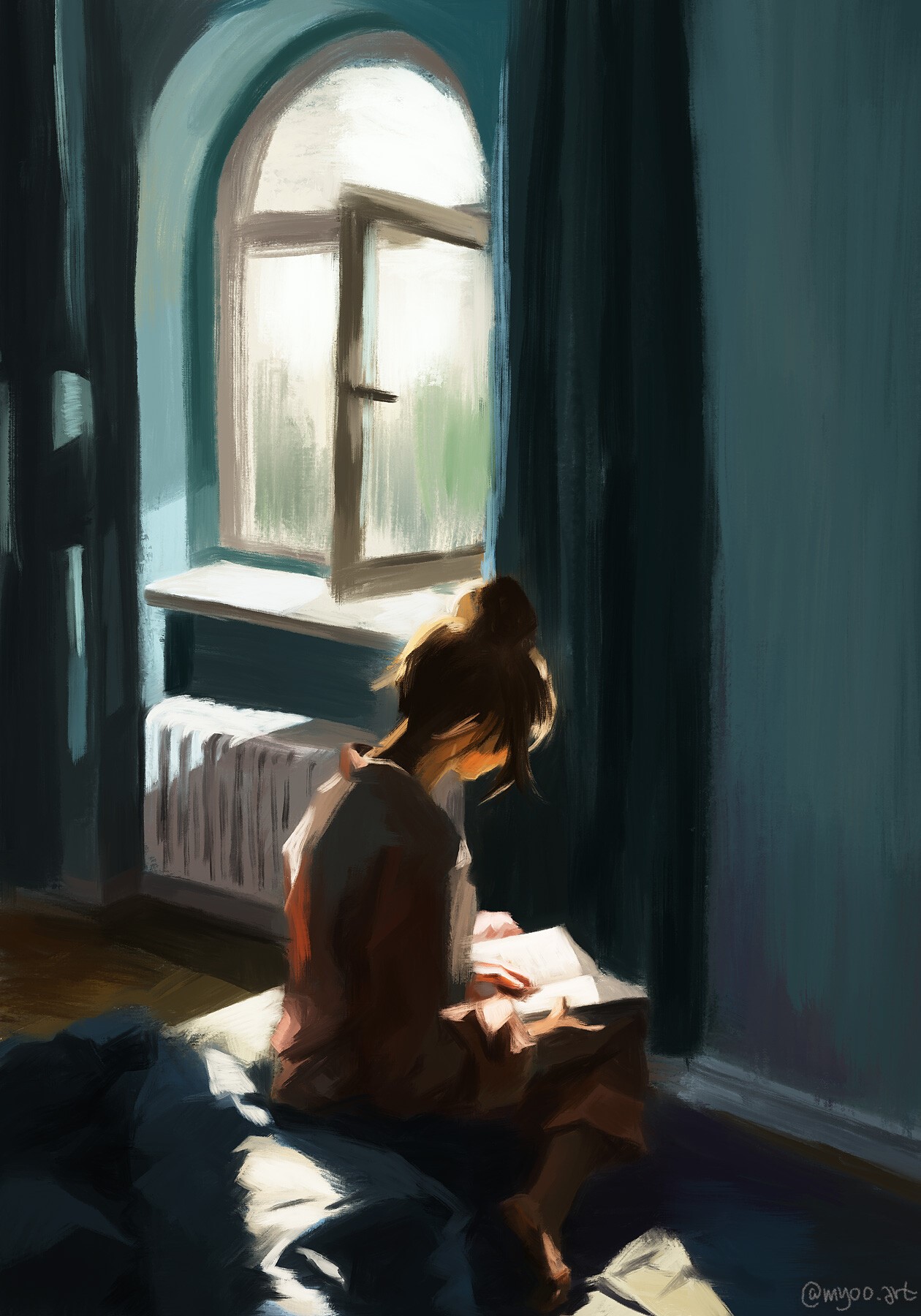 Digital Painting of Woman Reading by Window HD Phone Wallpaper