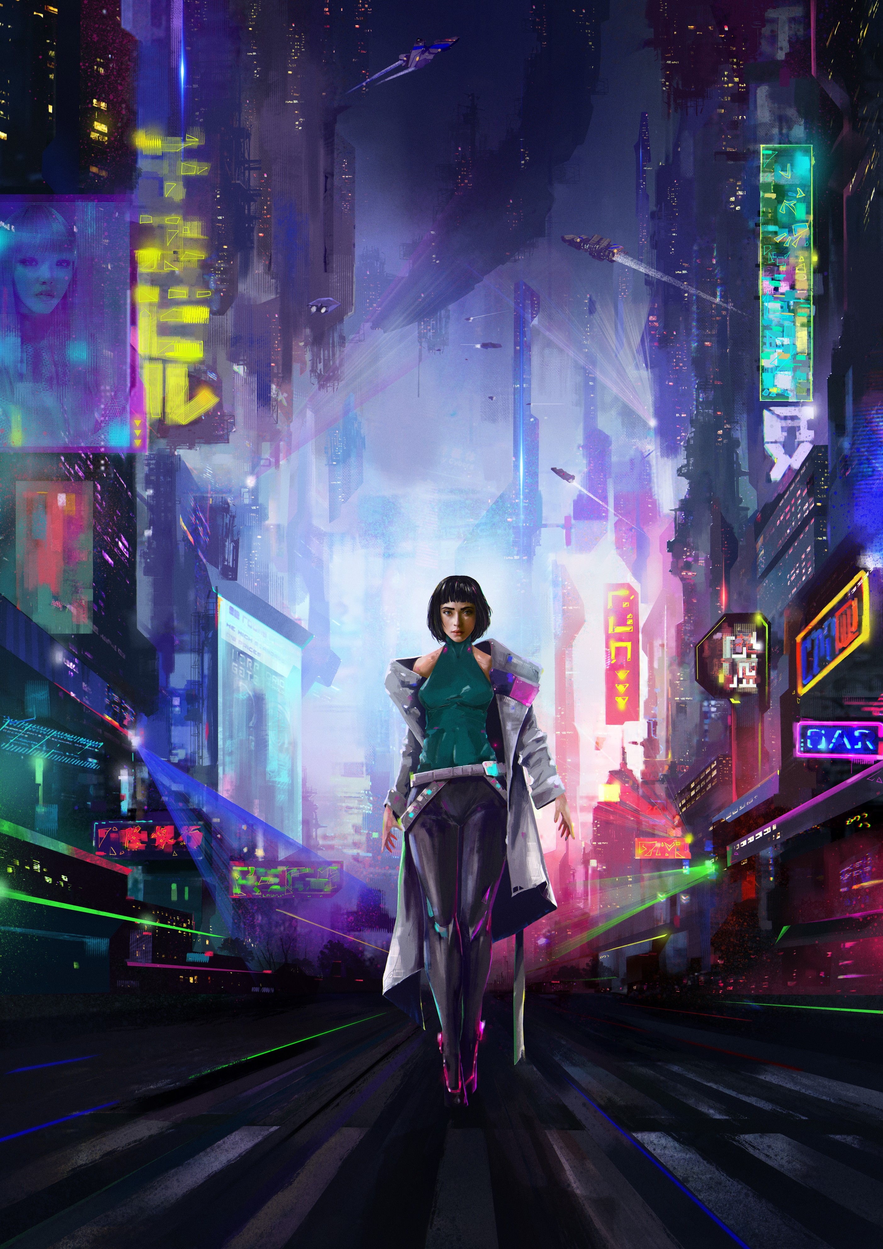Woman walking through a futuristic city at night HD Phone Wallpaper