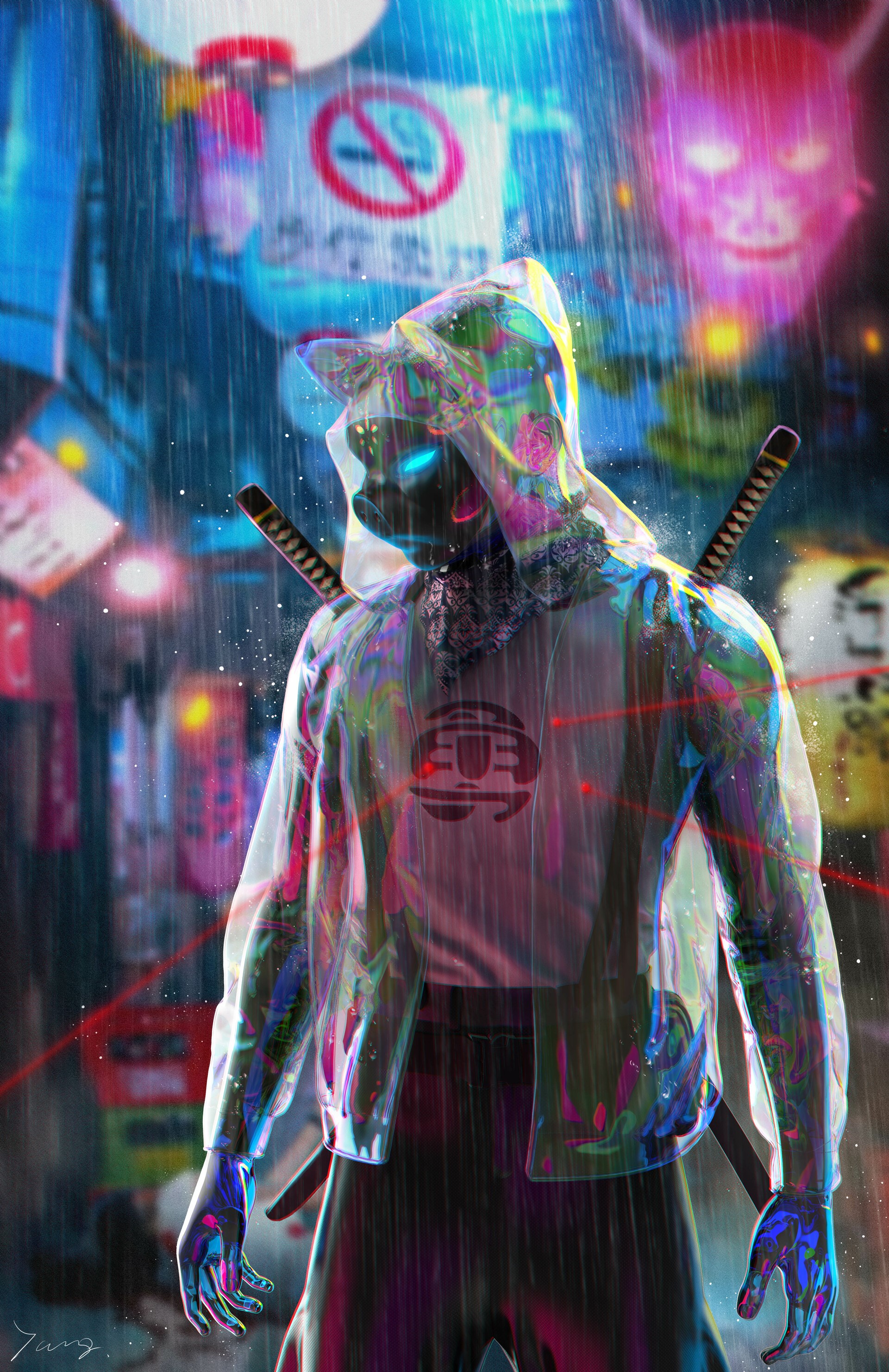 Futuristic samurai in rainy cyberpunk city HD Phone Wallpaper