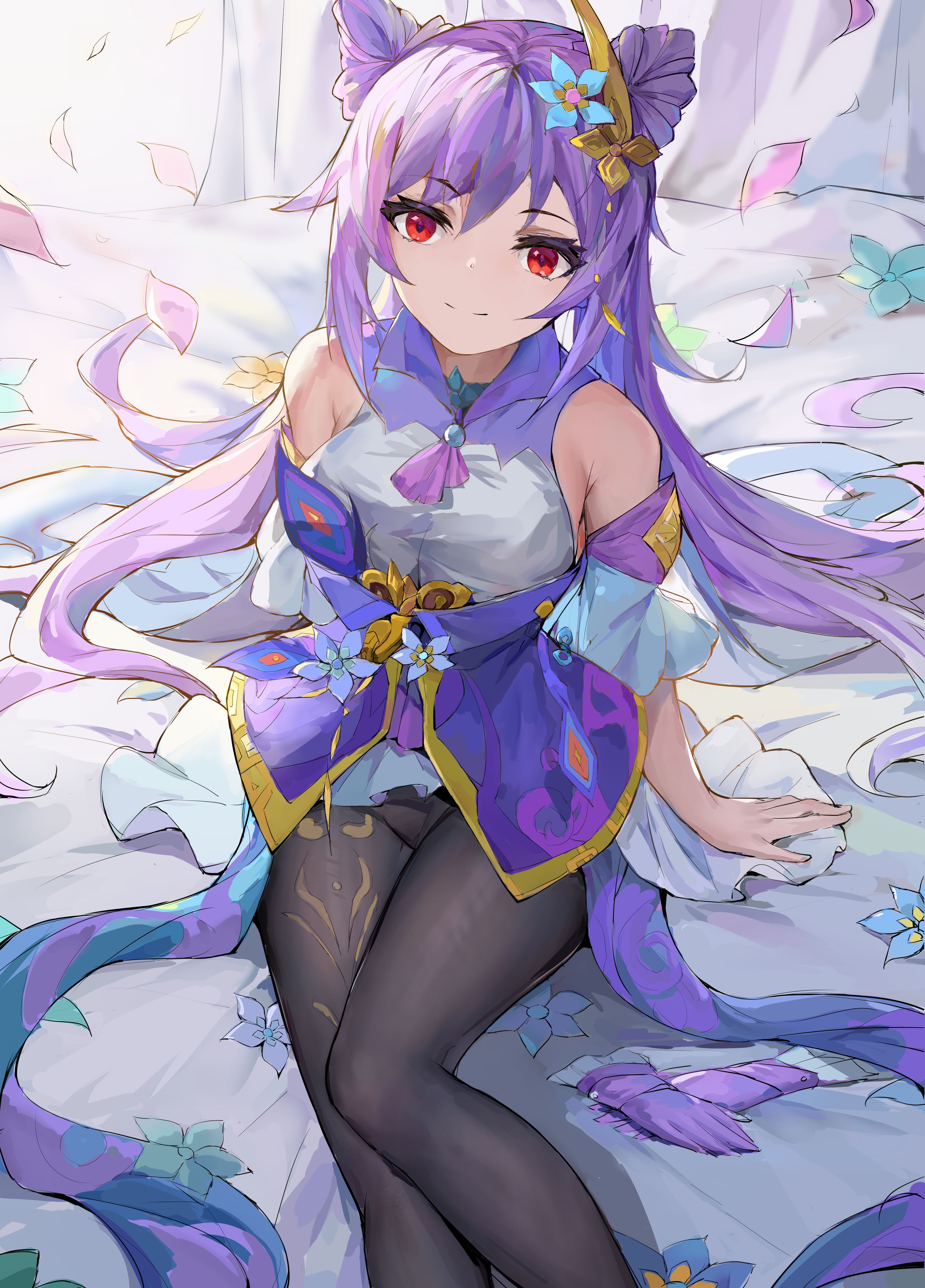 Keqing from Genshin Impact sitting on a bed HD Phone Wallpaper